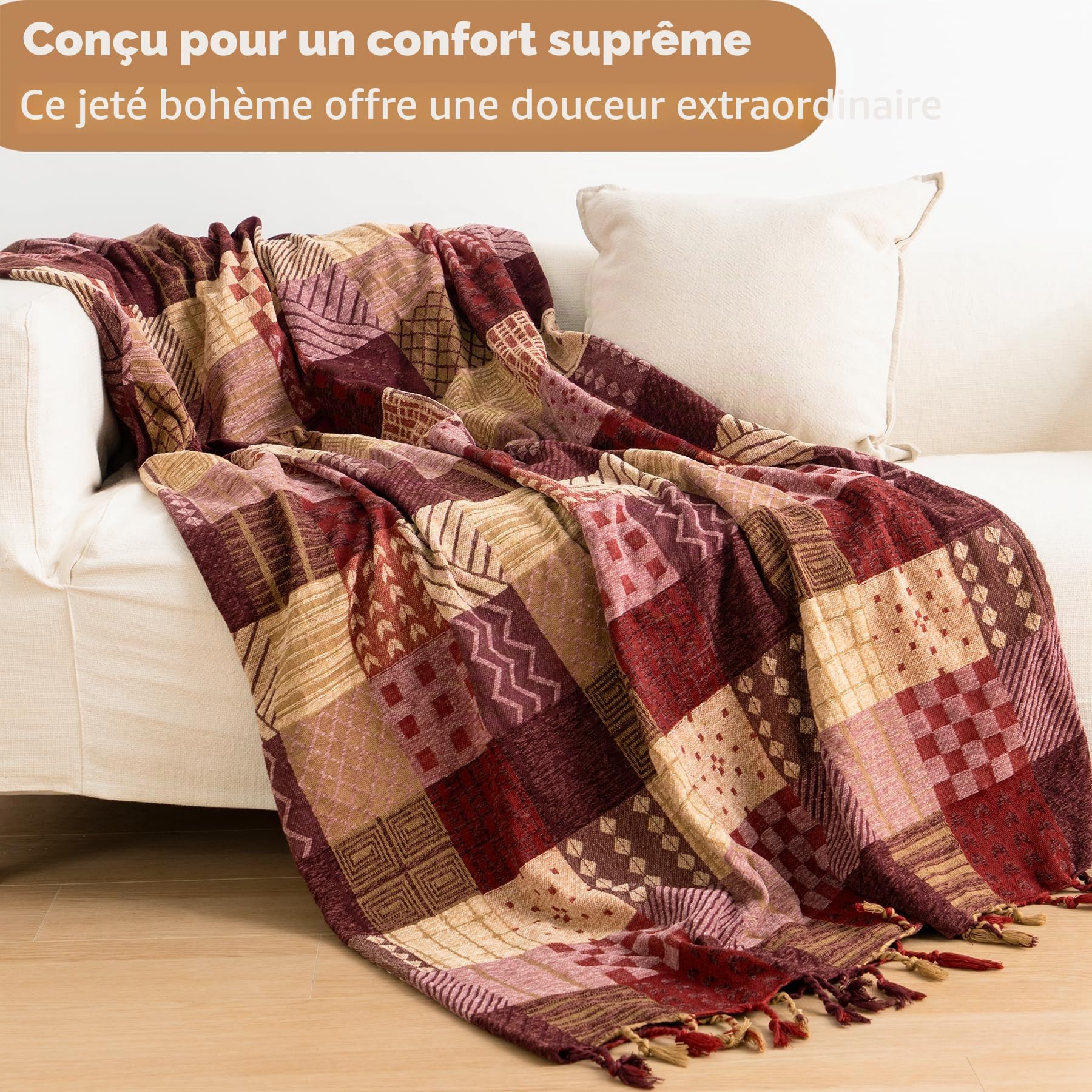VANJOROY Plaid de canapé-lit 100% chenille bohème grand pour 2 3 places - Plaids extra larges pour canapés, plaid patchwork doux pour canapé, comme couvre-lit, tapis, lit, cadeaux - 220x260cm, rouge