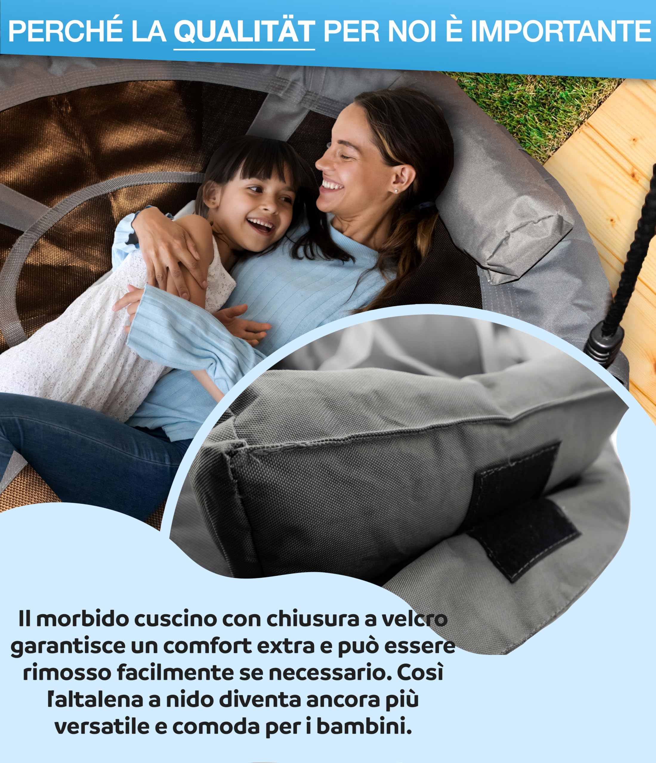 PHIBER-SPORTS Altalena a Nido d'Ape per Esterno per Bambini - Ø 100 cm - Con Cuscini + Maniglioni + Altezza Regolabile - Resistente agli Agenti Atmosferici e Durevole - Altalena a Piatto in Rete