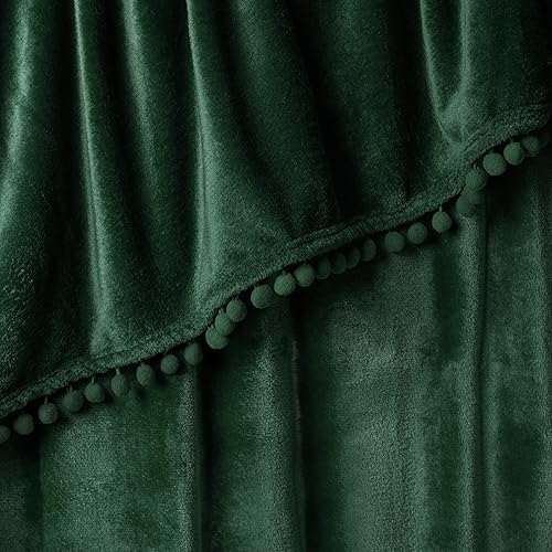 Miniatura 5 de PAVILIA Manta de forro polar para sofá con flecos de pompones, verde esmeralda, suave y acogedora manta de franela para sofá cama, manta de felpa