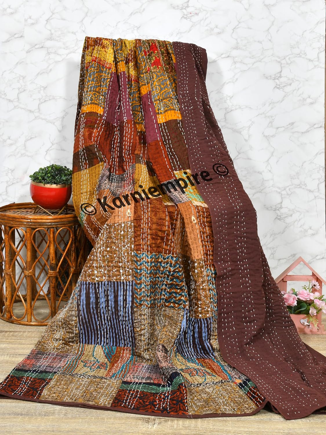 Indian Patchwork Kantha Quilt Throw Handmade Silk Sari Patola Ethnic Reversible Bohemian Bedding Bedspread Vintage Stitched Boho Gudri Blanket Bed Sofa Cover Decorative (Twin [60"X90"], Brown)