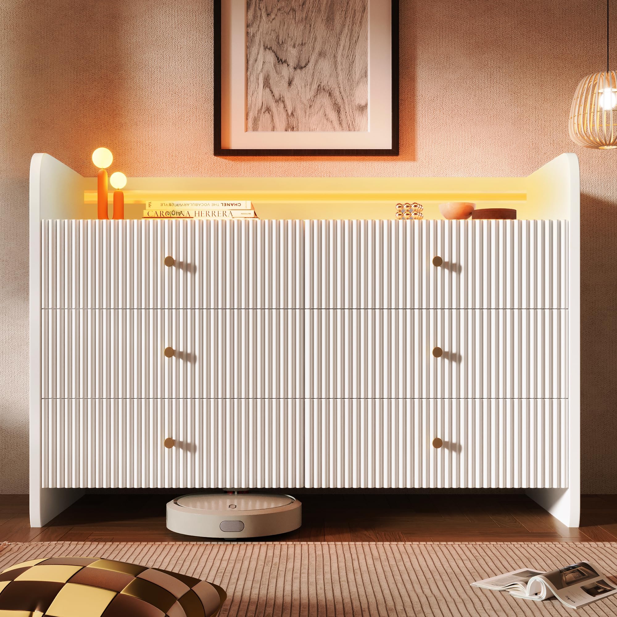 Kredens kredens 120 cm biały Highboard z inteligentnym oświetleniem LED, sześć szuflad, rowkowanie, kształt fali, sterowanie aplikacją z materiału drewnopochodnego, meble pomocnicze, do biura domowego
