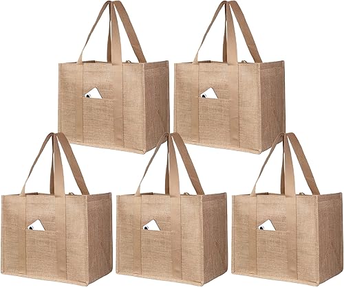 BeeGreen Bolsa de mano paquete de 5 bolsas de comestibles reutilizables con bolsillo frontal de 13 pulgadas de alto x 16 pulgadas de largo x 10