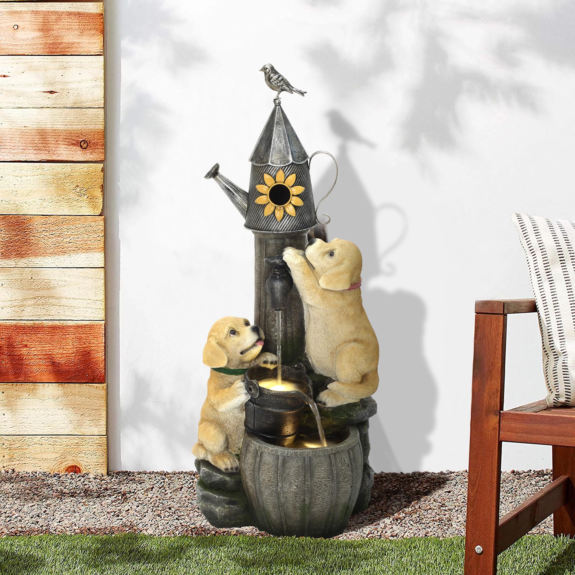 90cm Polyresin-Gartenbrunnen mit LED Light Zwei Hündchen und Vogelhäuschen Innen- und Außenbrunnen springbrunnen für Garten, Balkon, Terrasse, Eingang 90x38x34 cm