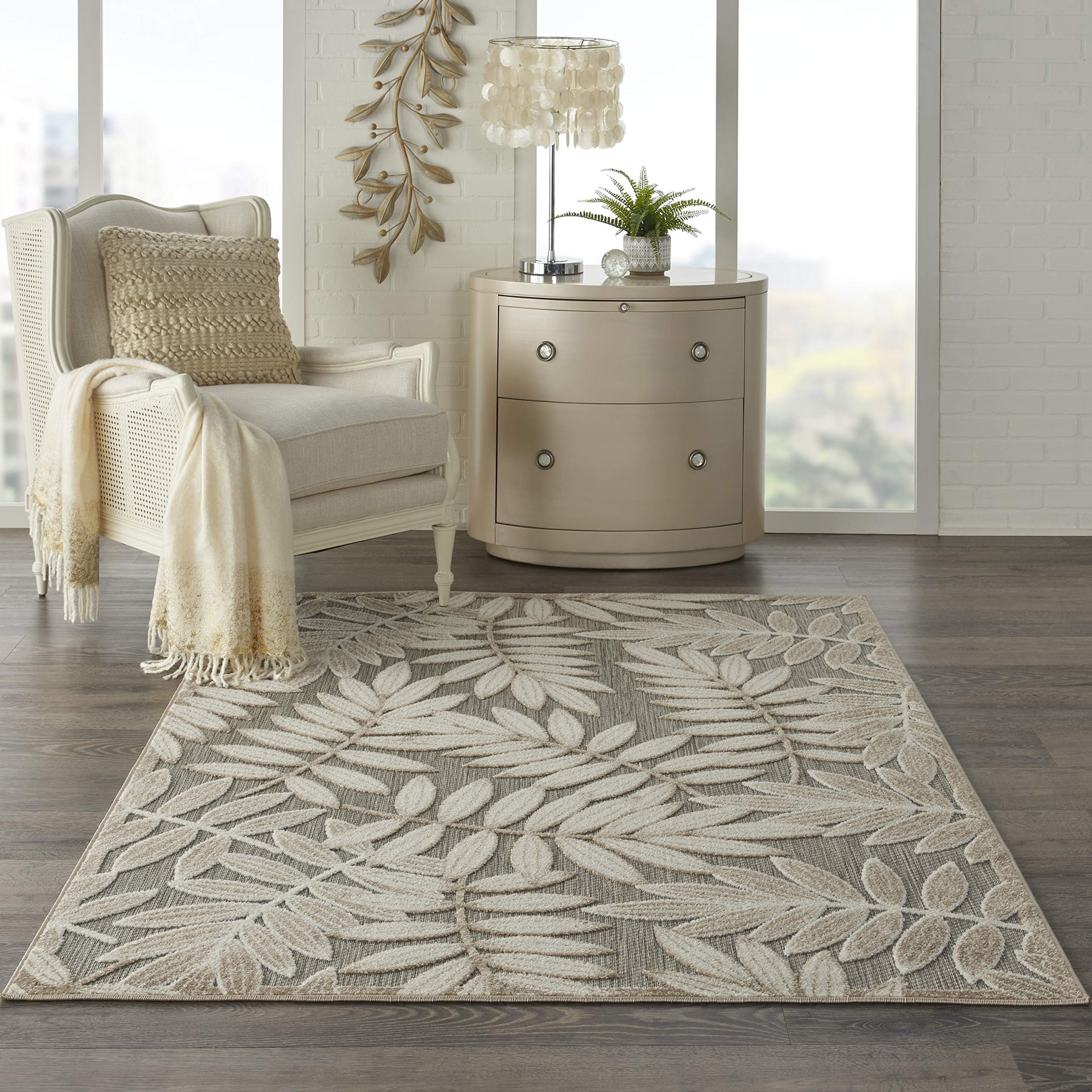 Nourison Home Aloha Indoor/Outdoor Natural 5'3" x 7'5" Area Rug, Easy Cleaning, Non Shedding, Bed Room, Living Room, Dining Room, Backyard, Deck, Patio (5x7)