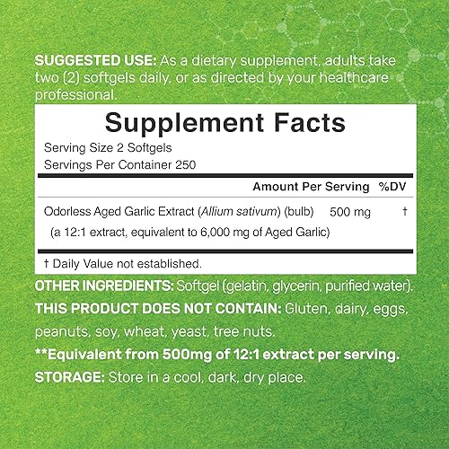 Miniatura 2 de Píldoras de ajo envejecido inodoro, 6,000 mg por porción, 500 cápsulas blandas - Extracto de aceite de ajo 24:1 - Fuente de bulbo fresco de Allium