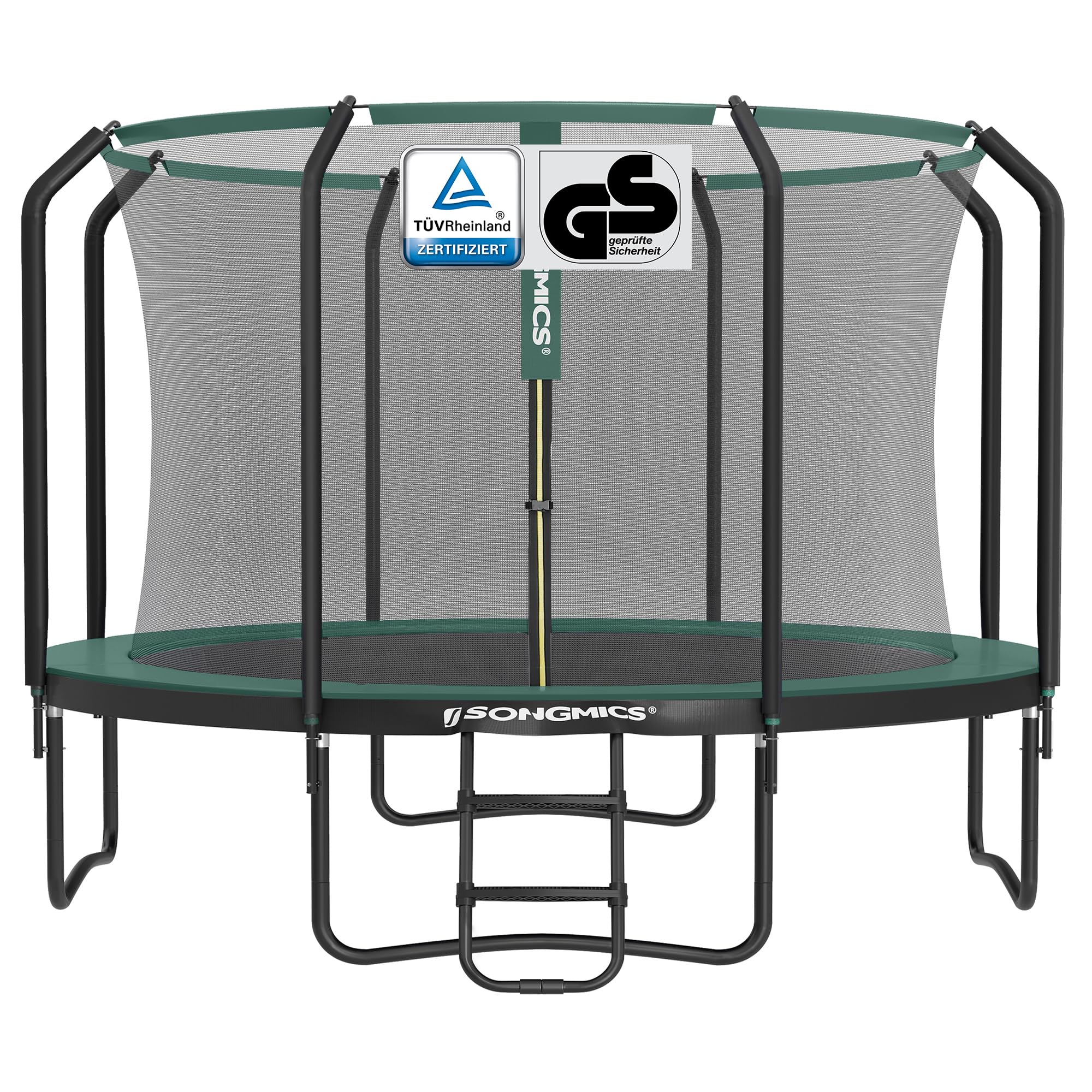 SONGMICS Trampolin 366 cm d, Gartentrampolin für Kinder mit Sicherheitsnetz, 180 cm hohe Stangen, Randabdeckung, Leiter, Stahlrahmen, schwarz-dunkelgrün STR123C01