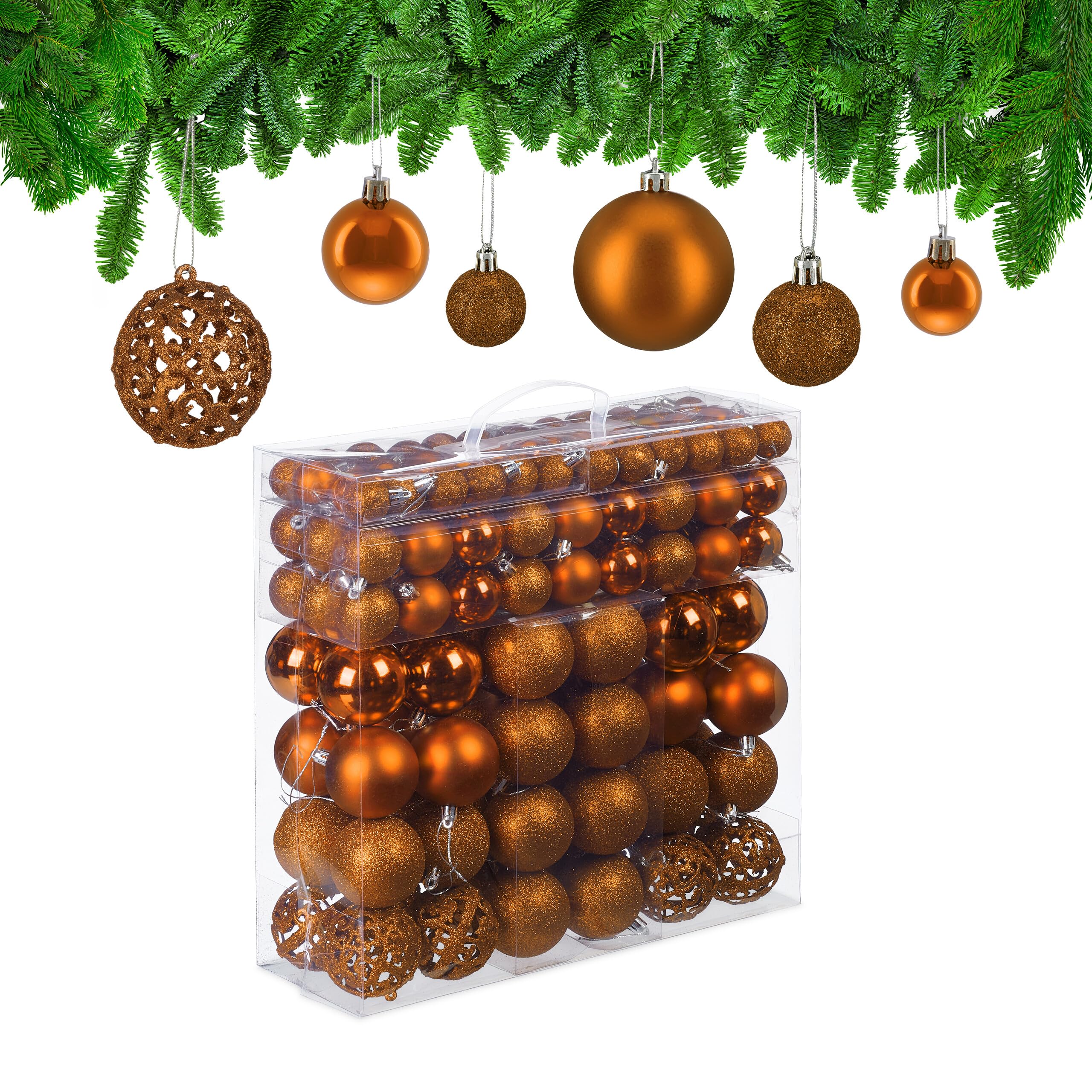 Relaxdays 150x Boules de Noël, Paillettes, Mates, Brillantes, déco Sapin, Plastique, diamètre 3, 4 et 6 cm, Orange