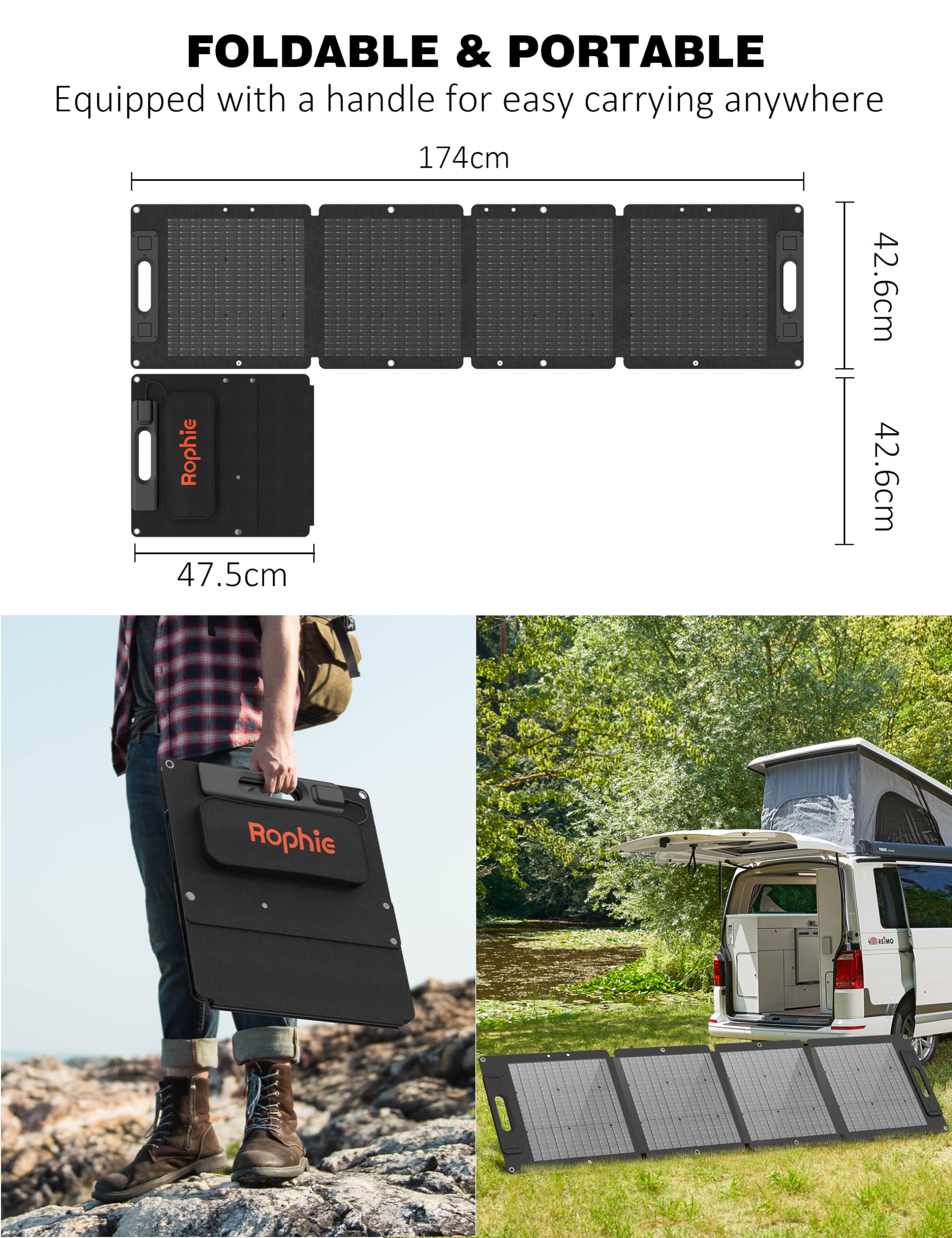 Rophie Pannello solare pieghevole da 100 W, pannello solare monocristallino con uscita MC-4 per stazione di alimentazione, 3,3 kg, ultraleggero, supporto regolabile, pannello solare IPX67 per