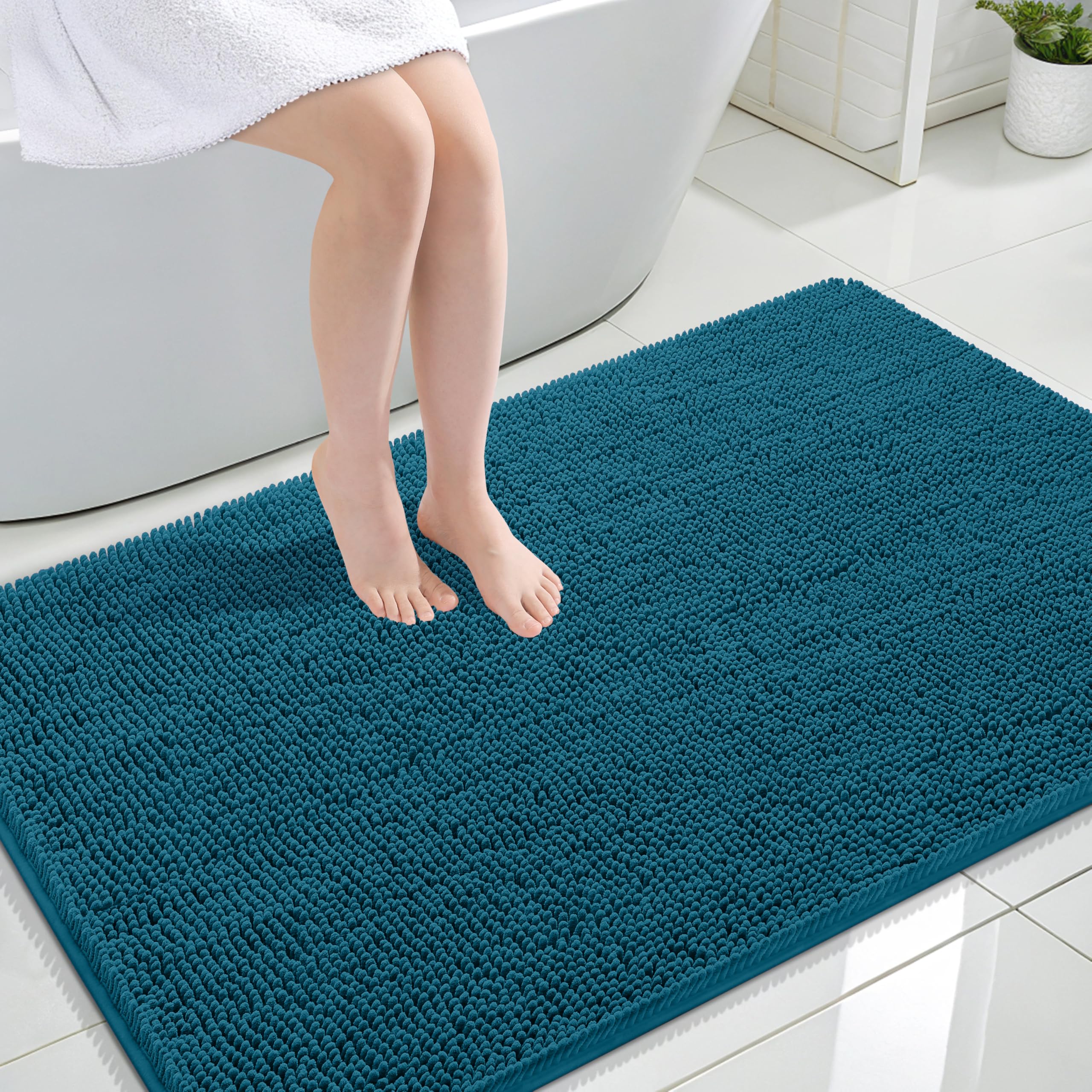 OLANLY Large Bathroom Rugs 44x32, Extra Soft Absorbent Chenille Bath Rugs | Peacock Blue, Quick-Drying Rubber Backing, Washable Bath Mat for Bathroom Floor, Tub and Shower, Home Decor Accessories