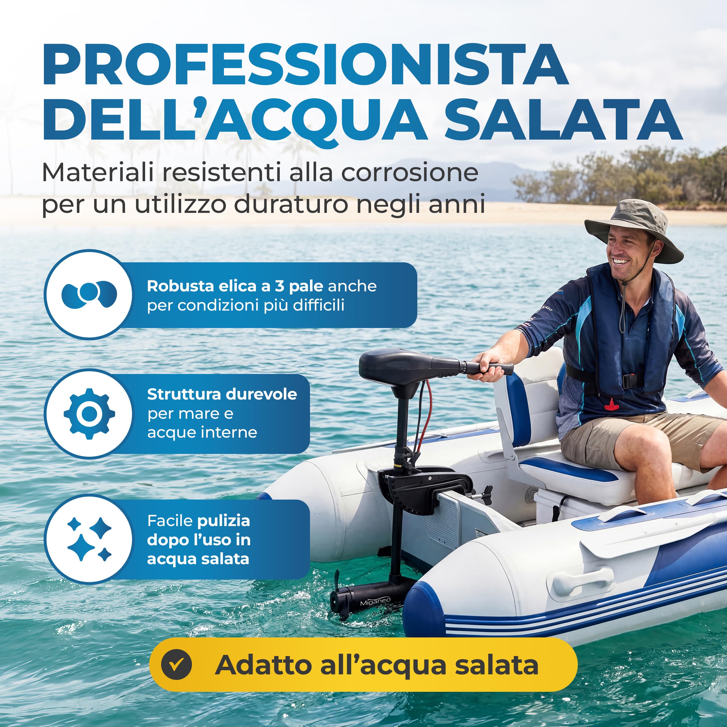 Miganeo Motore Elettrico Barca TRS 68 lbs – Motore Fuoribordo Elettrico 768W 12V – Adatto Acqua Salata con Indicatore LED – per Gommoni – 5 Marce Avanti & 3 Retromarce