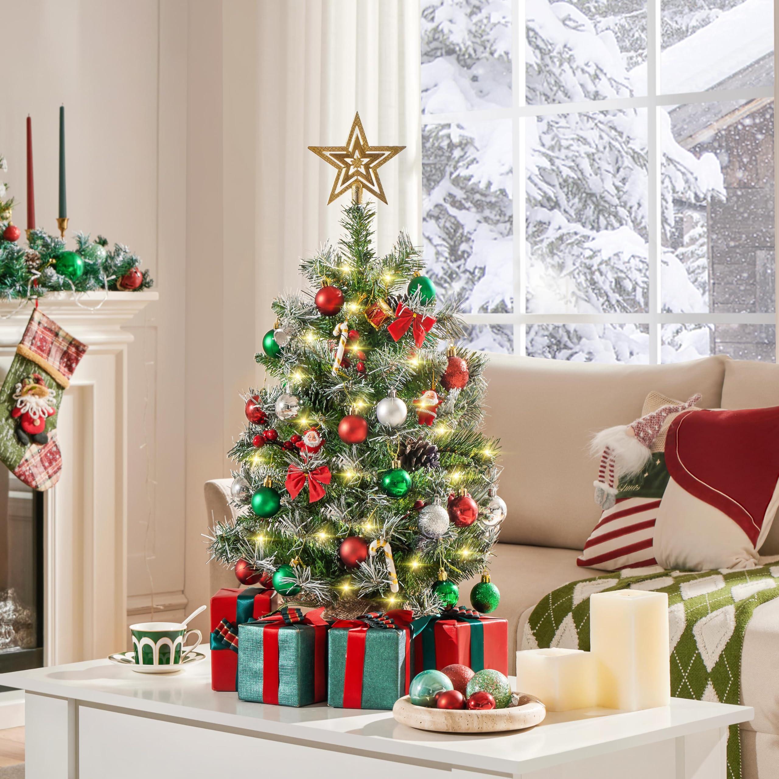 Yaheetech 2 Stück 92 cm Mini Künstlicher Weihnachtsbaum mit Schnee inkl. 50 Warmweiß LED & 70 Roten Beeren & 10 Tannenzapfen, Kleiner Christbaum Tisch Tannenbaum für Weihnachtsdeko