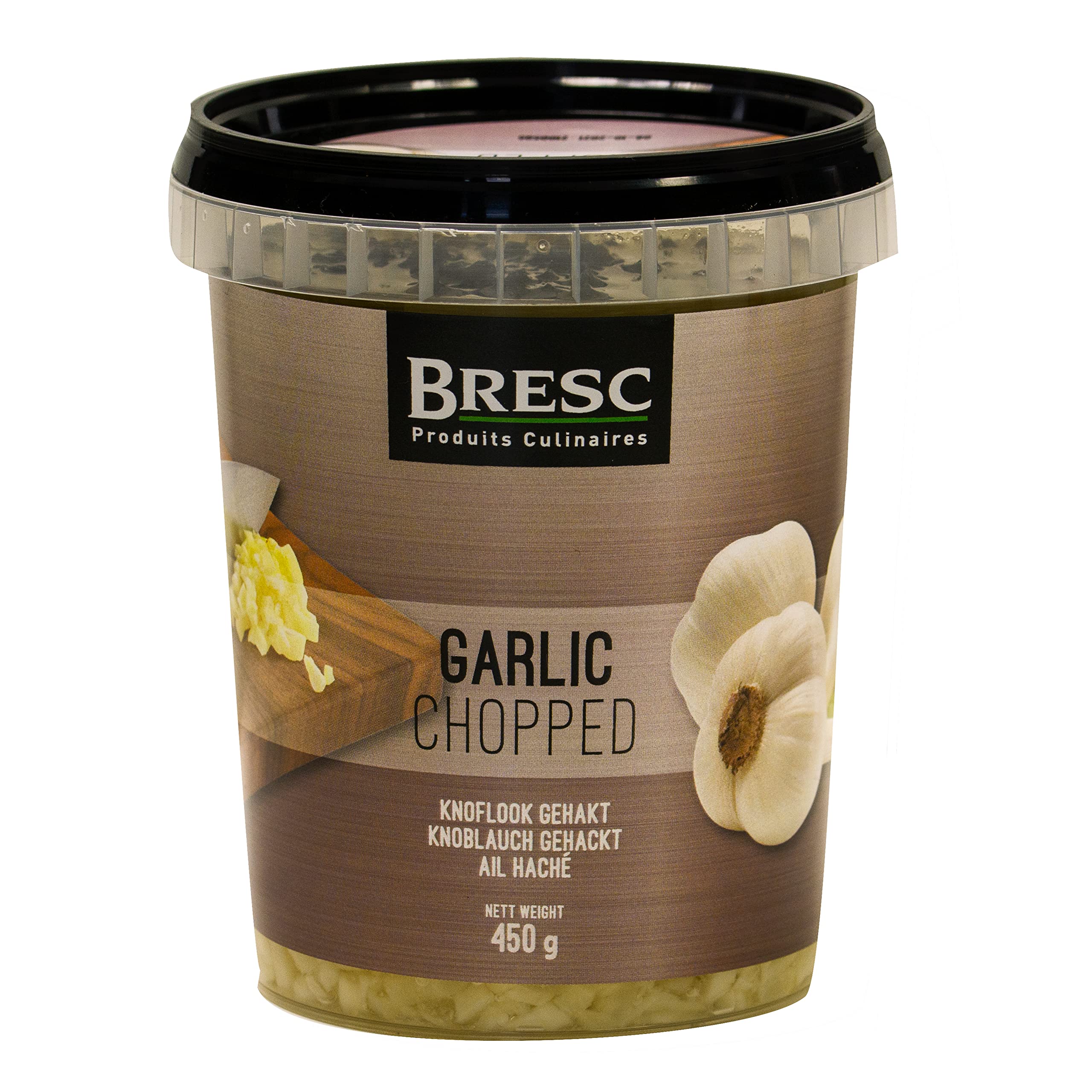 Bresc Knoblauch grob gehackt - 2x 450g - junger Knoblauch, eingelegt in mildem Sonnenblumenöl, küchenfertig für sofortigen Gebrauch, feines und mildes Aroma