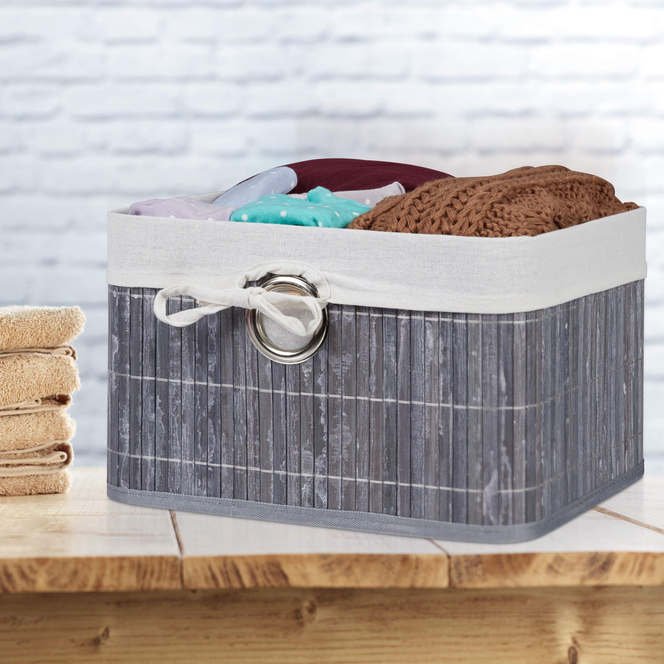Relaxdays 4X Set Cestino Portaoggetti, Fodera in Tessuto, bambù, Rettangolare, Bagno, Giochi, HLP 20x31x31 cm, Grigio