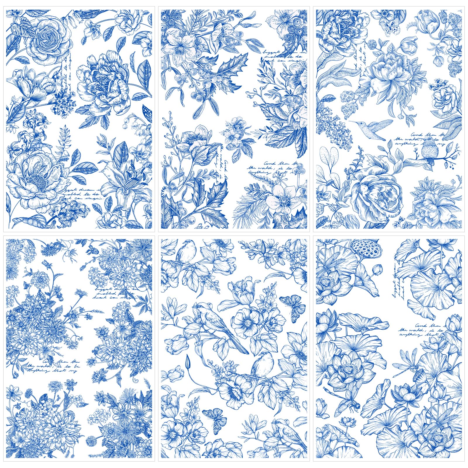 Blue Flower Rub on Transfers for Crafts - 6 Sheets Vintage Floral Rub on Transfers for Furniture Bird Butterfly Chinoiserie Style Rub on Transfer Decal Stickers for Wood DIY Craft Office Home Decor