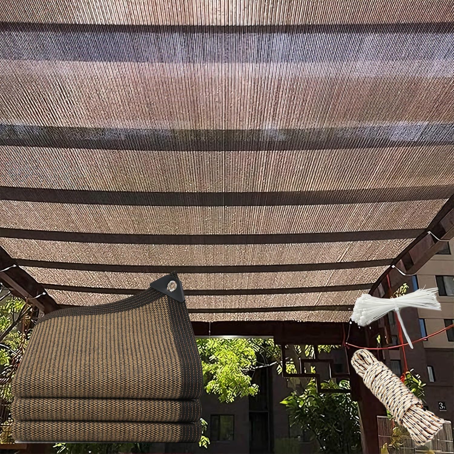 Toile ombrage exterieur marron de haute densite pour balcon 1.5x5m