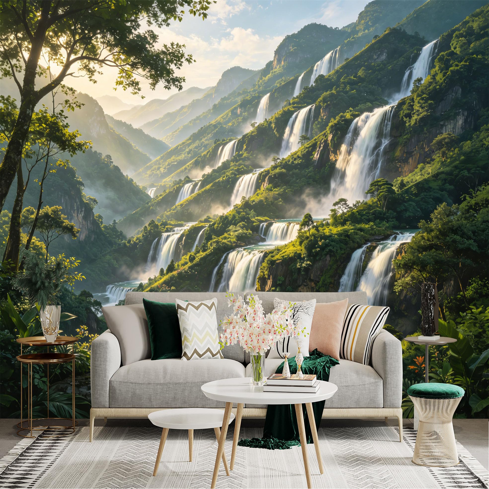 Lnzczhyre Dbh260521273 Custom Size Wall Sticker Mural， Majestic Cascading Waterfalls， Lush Tropical Mountain Landscape， Sunlit Misty Jungle Scenery， For Wall Decoration， Peelandstick Wall Decals.