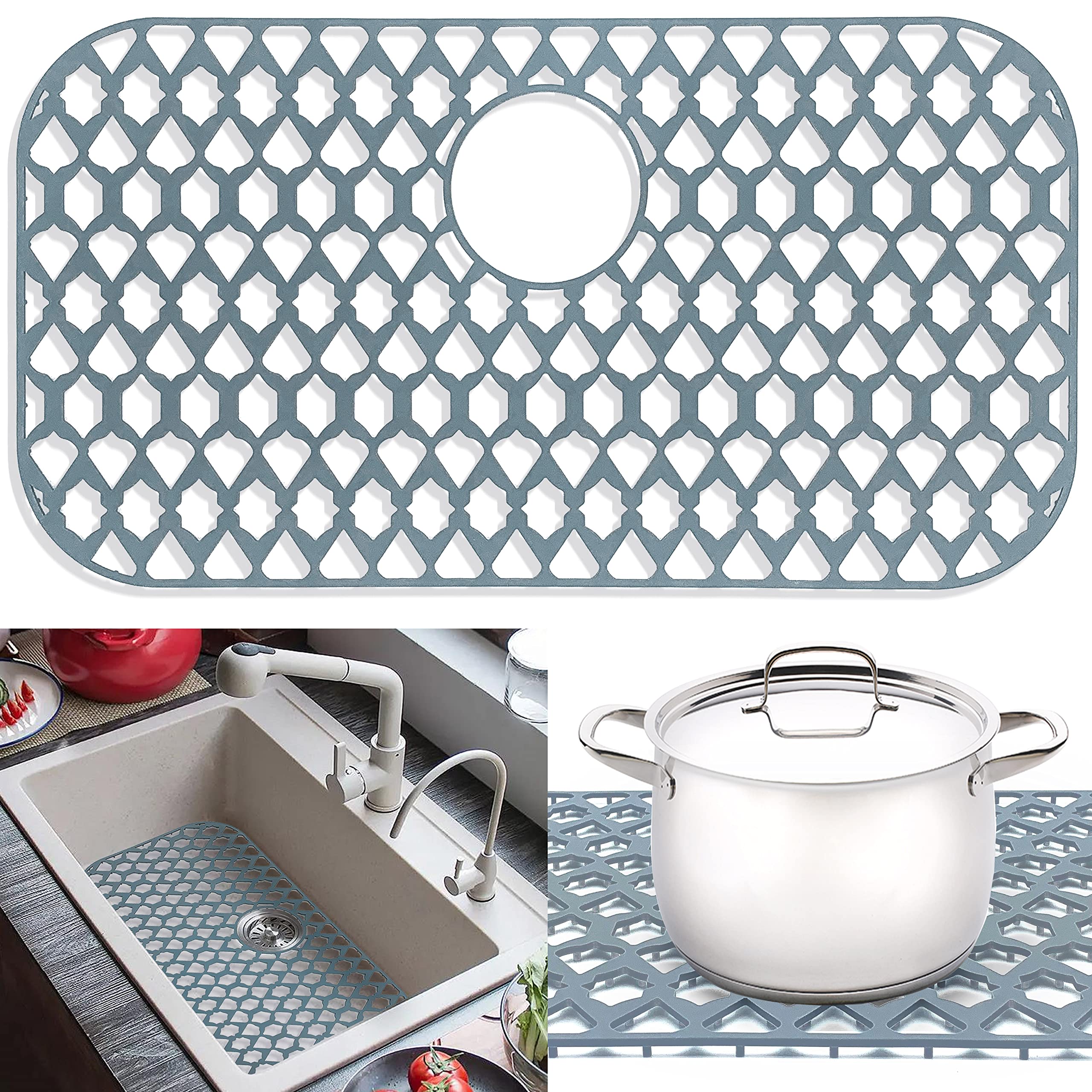 SAMSIER Sink Protectors for Kitchen Sink 13x11 &16x12 &19x14 &21x16 &22x13 &24x13 &26x14 &28x14 &30x16, Large Silicone Sink Mats Grid for Bottom of Farmhouse Sink (26”x14”, Rear Drain)