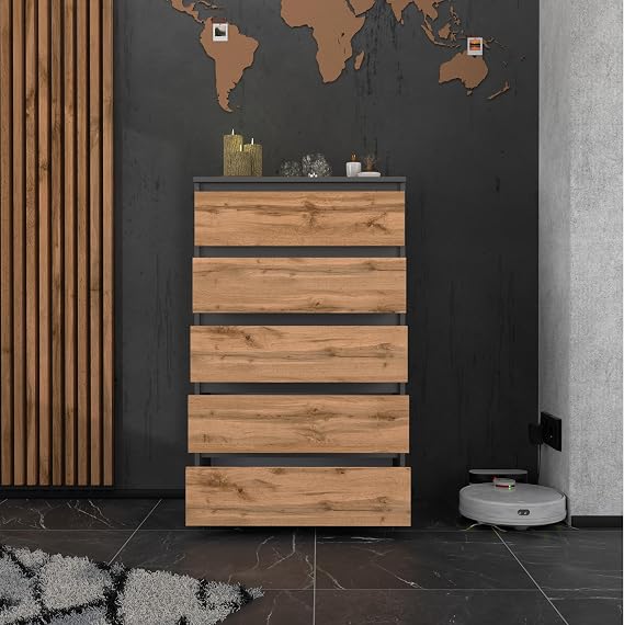 MRBLS_HOME Chest of Drawers with 5 Drawers - Wooden Sideboard 70 x 115 x 33.5 cm (W x H x D) - Narrow Chest of Drawers for Bedroom and Hallway - Shelf with Drawers - Cabinet with Drawers (Matte Grey/Wotan)