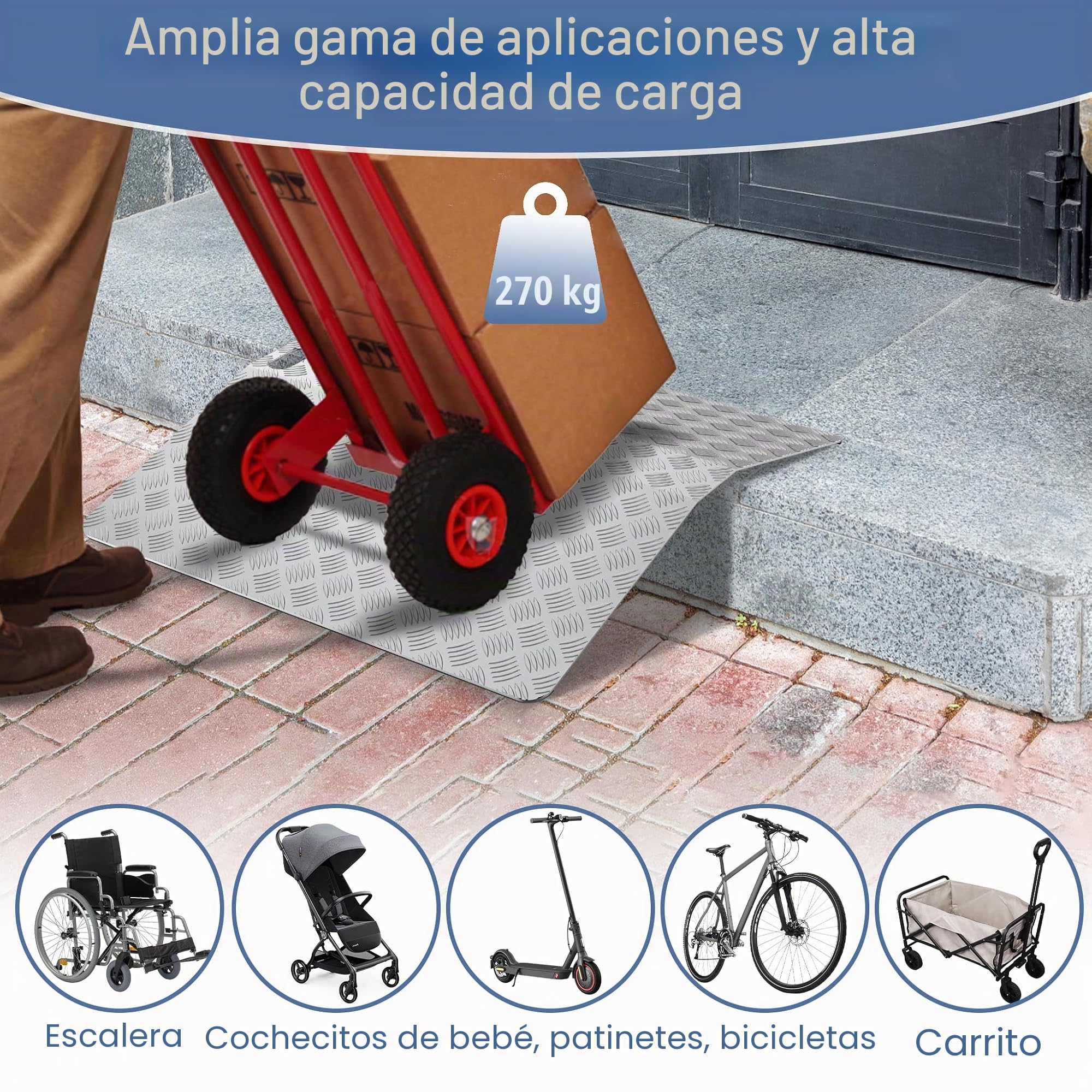 UISEBRT Rampa de umbral de puerta para silla de ruedas, de aluminio, antideslizante, portátil, con asas, capacidad de carga de 270 kg (100 x 70 x 10 cm)
