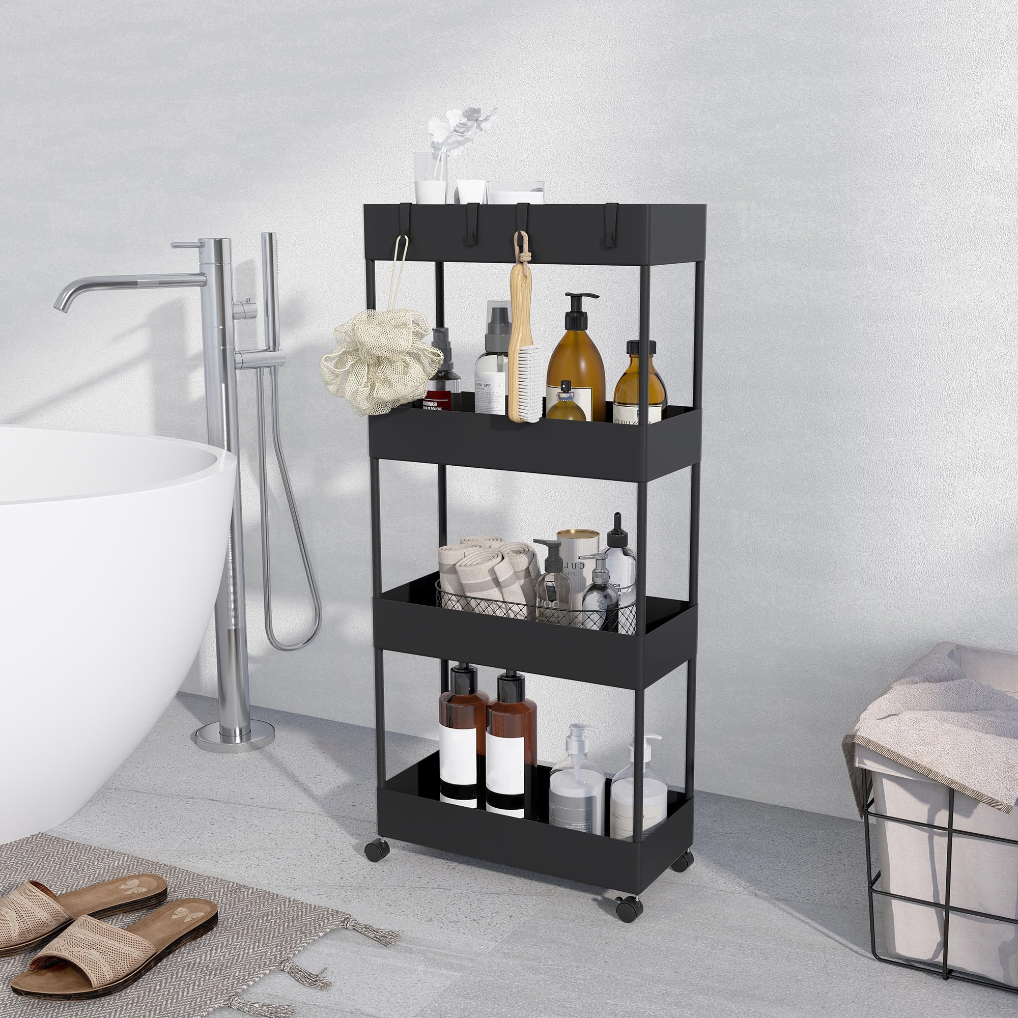 HOMCOM Carro de Cocina de Almacenamiento Delgado de 4 Niveles Carrito Auxiliar con Ruedas 4 Cestas y 4 Ganchos Extraíbles Carrito de Cocina para Comedor Baño Salón 40x19x90 cm Negro