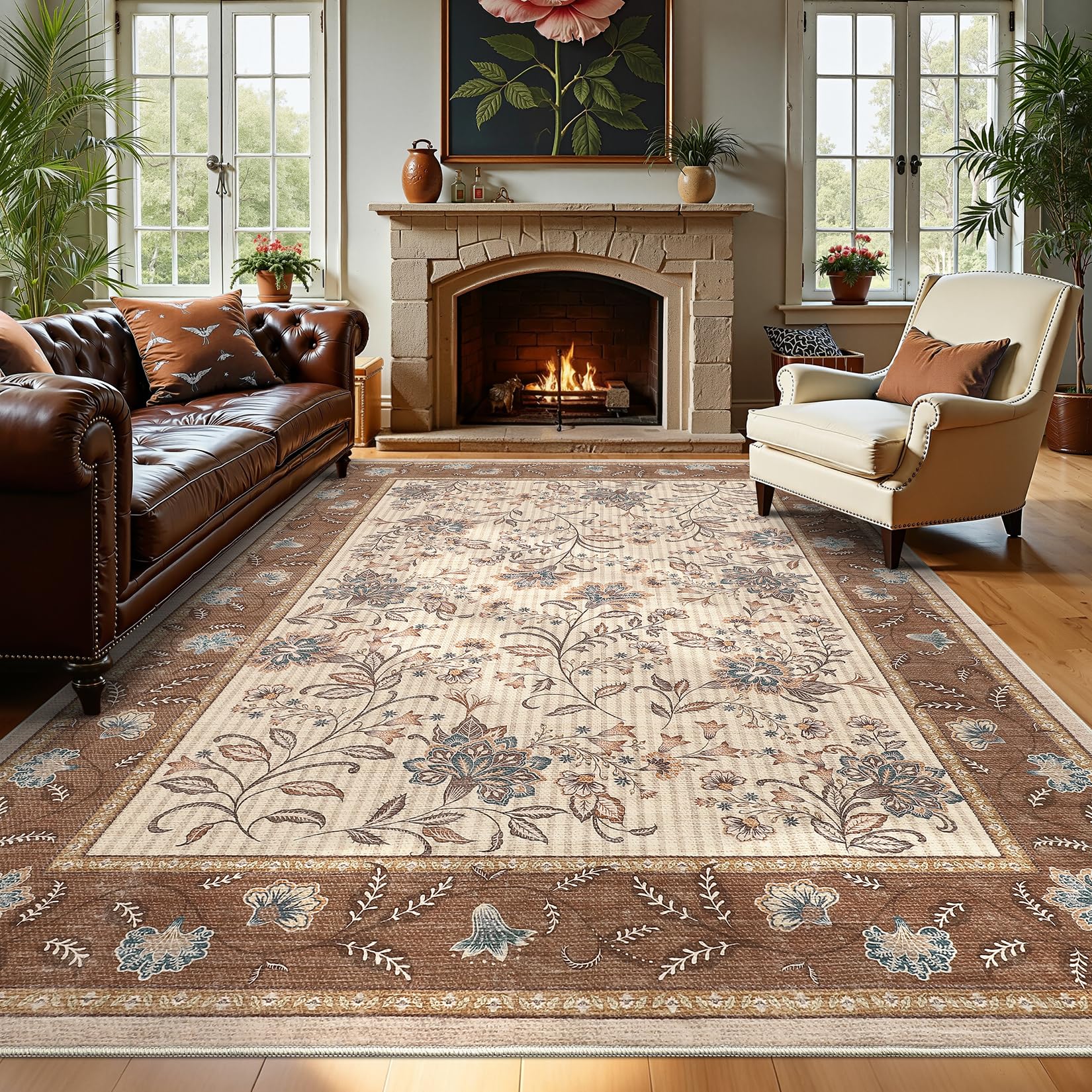 GarveeHome Area Rugs 8x10 for Living Room, Brown Large Washable Rug Botanical Soft Non Slip Floor Mat Carpet Indoor Thin Cottage core Rug for Bedroom
