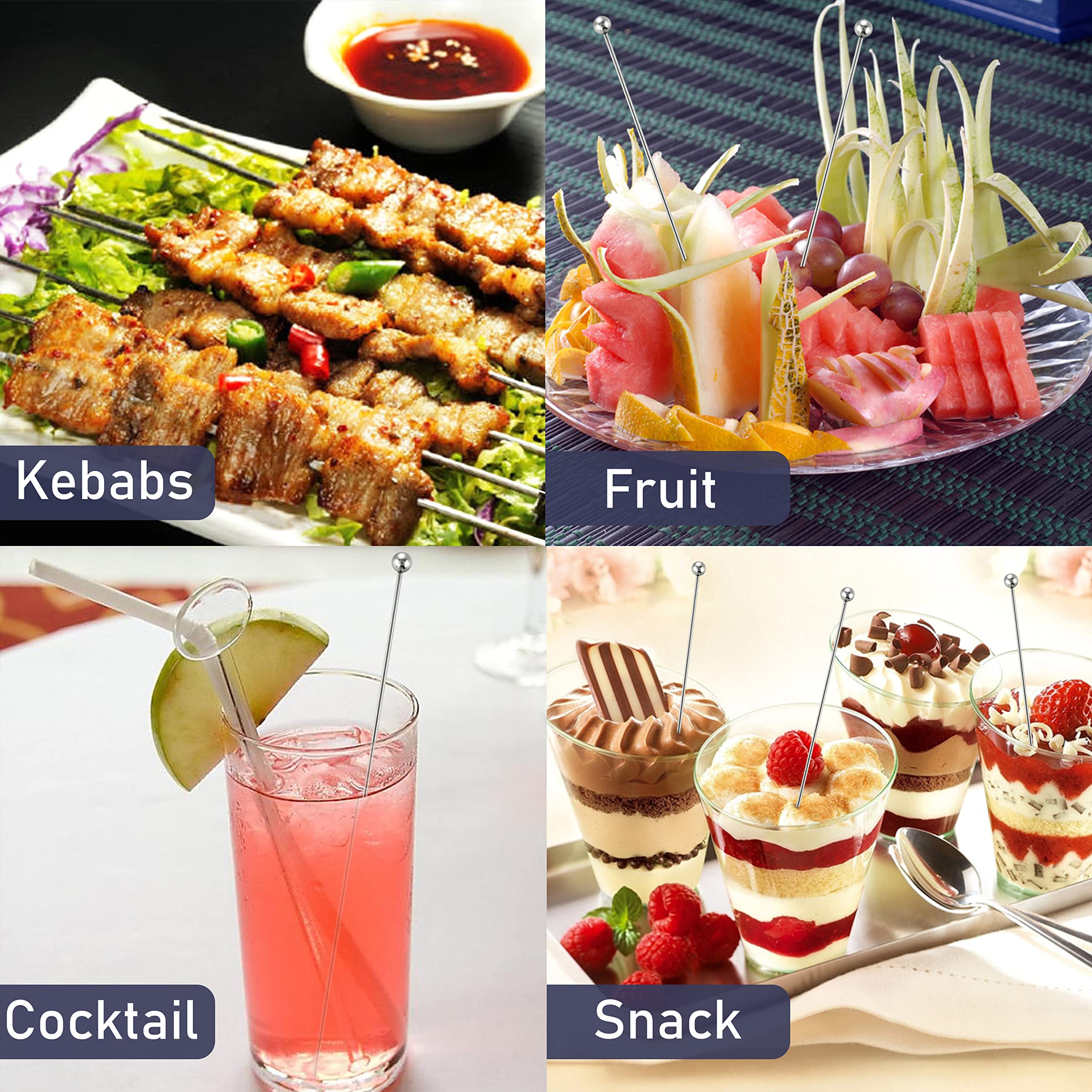 Lot de 15 brochettes à cocktail en métal 20,3 cm en acier inoxydable réutilisables pour boissons Mary Martini, olives, fruits