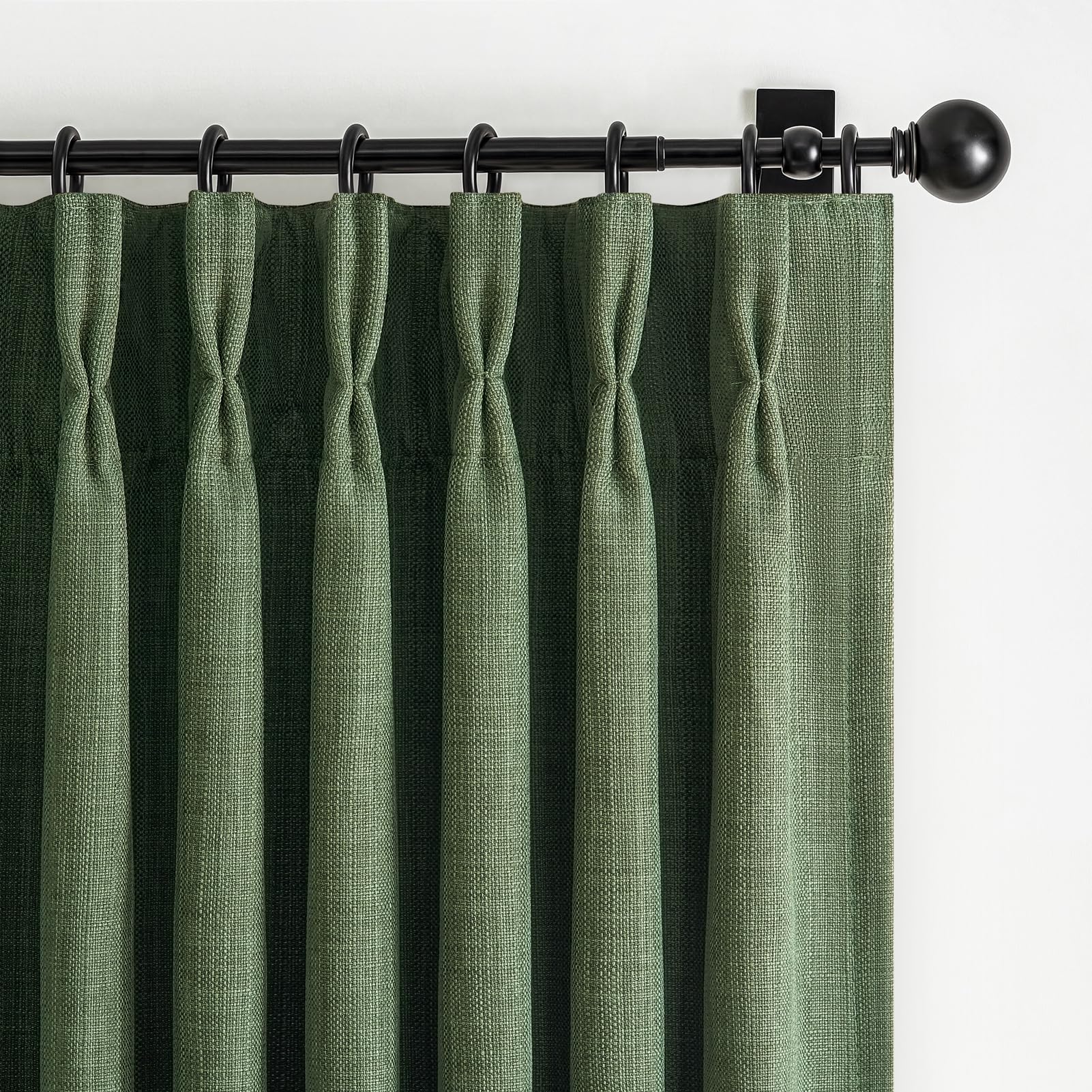 Olive Green Pinch Pleated Dual Layer Linen Curtains 40 x 84 Inches Long for Bedroom, Full Blackout Memory Trained Soundproof Heat Blocking Loden Farmhouse Windows Drapes for Dining Room 7 FT Length