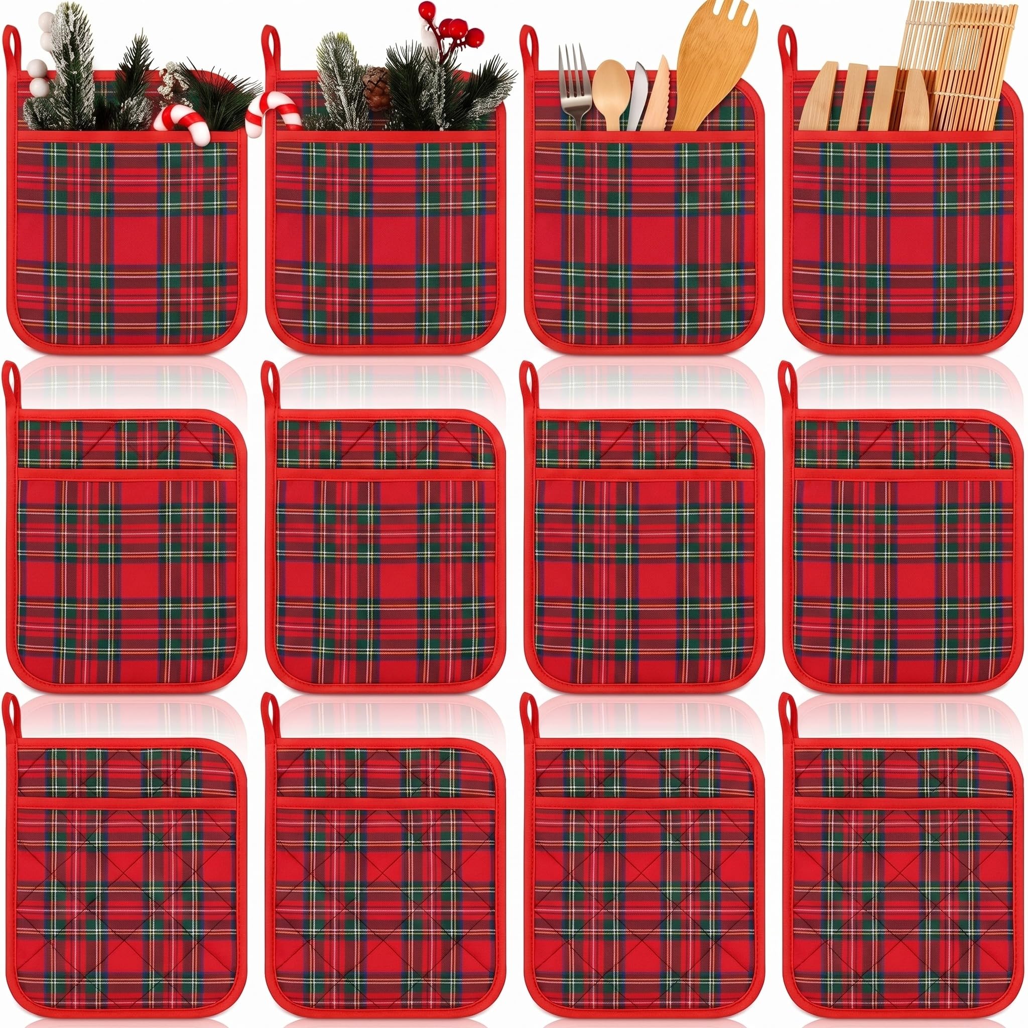 WILLBOND Lot de 12 maniques de Noël avec poche pour cuisine - Résistants à la chaleur - Pour la cuisson (rouge, vichy rouge)