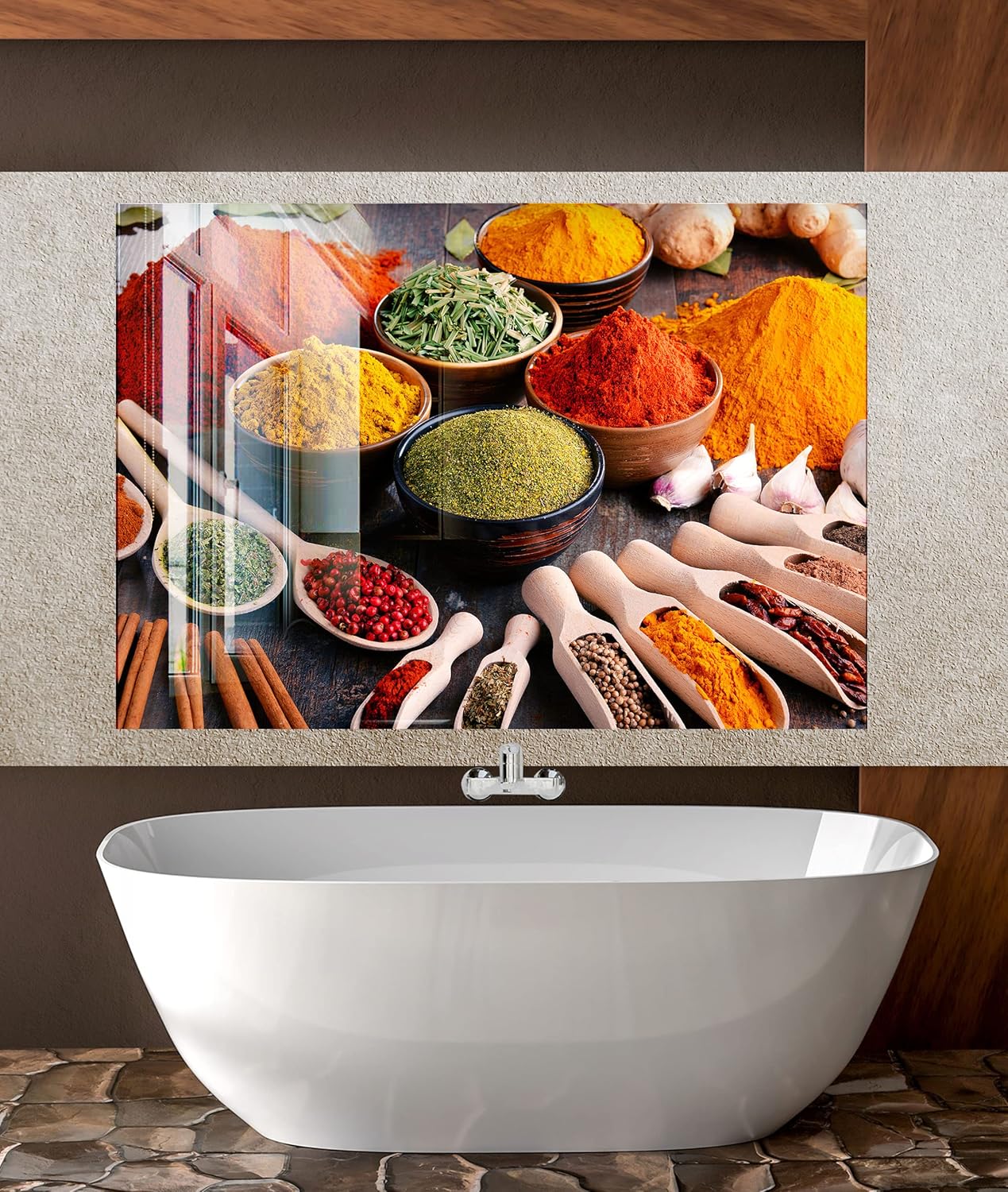 Myphotostation Tempered Glass Splashback 24x24'-Spoon Spices Backsplash Design Cooker Herbs Backsplash Panel Glass Splashback for Kitchen Panel Design Spoon Spice Splashback for Stove