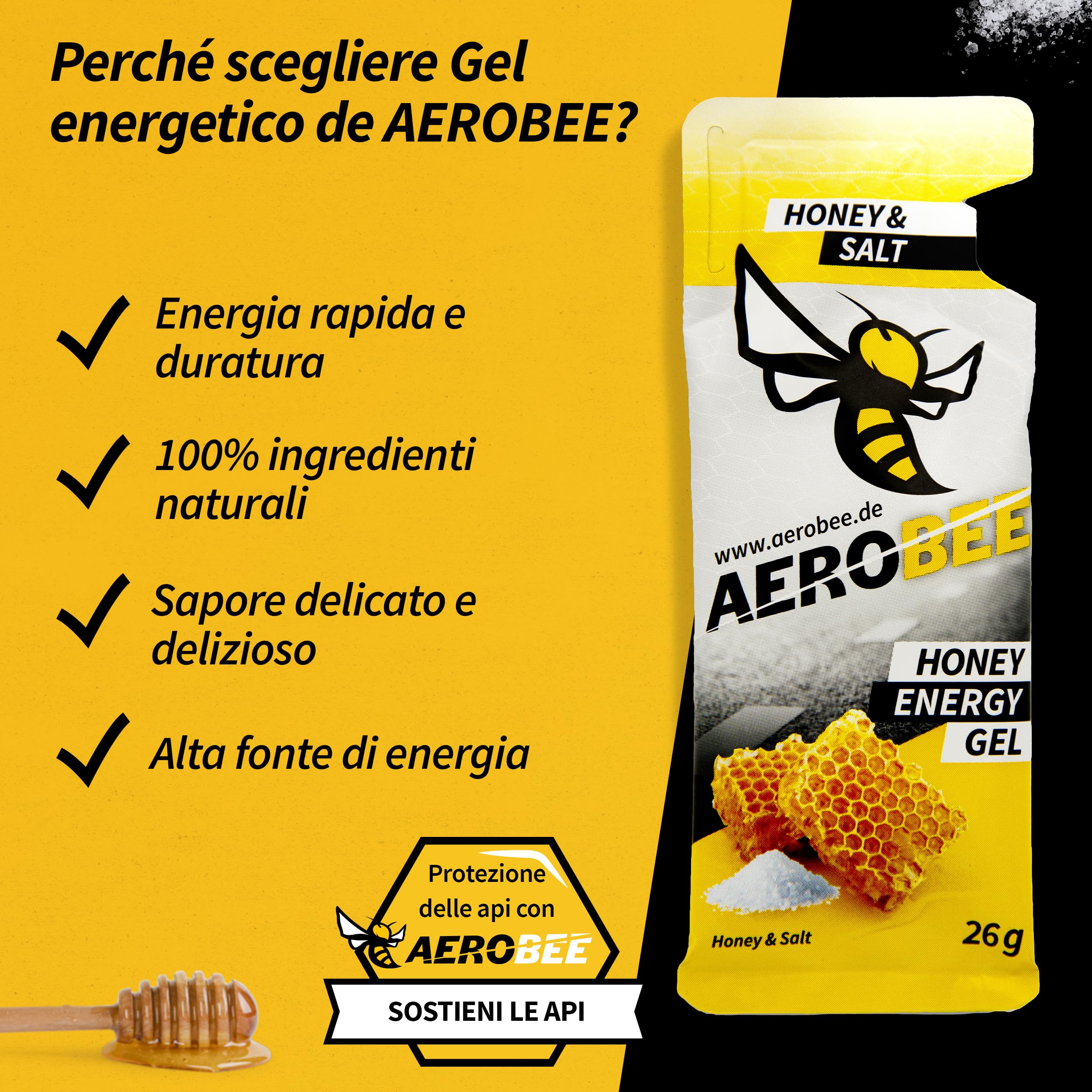 AEROBEE Gel energetico classico - Miele & Sale 10x26g [100% energetico naturale al miele] delizioso gel sportivo adatto per sport di resistenza, corsa con gel di carboidrati