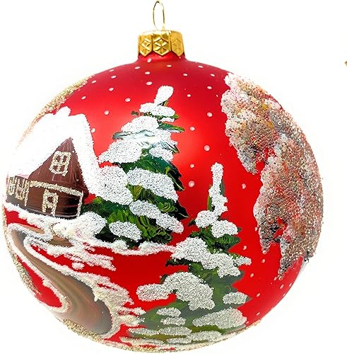 Miniatura 9 de Polish Gallery Adorno de Navidad día de invierno con flor de Pascua roja bola de vidrio soplado azul marino 5906in