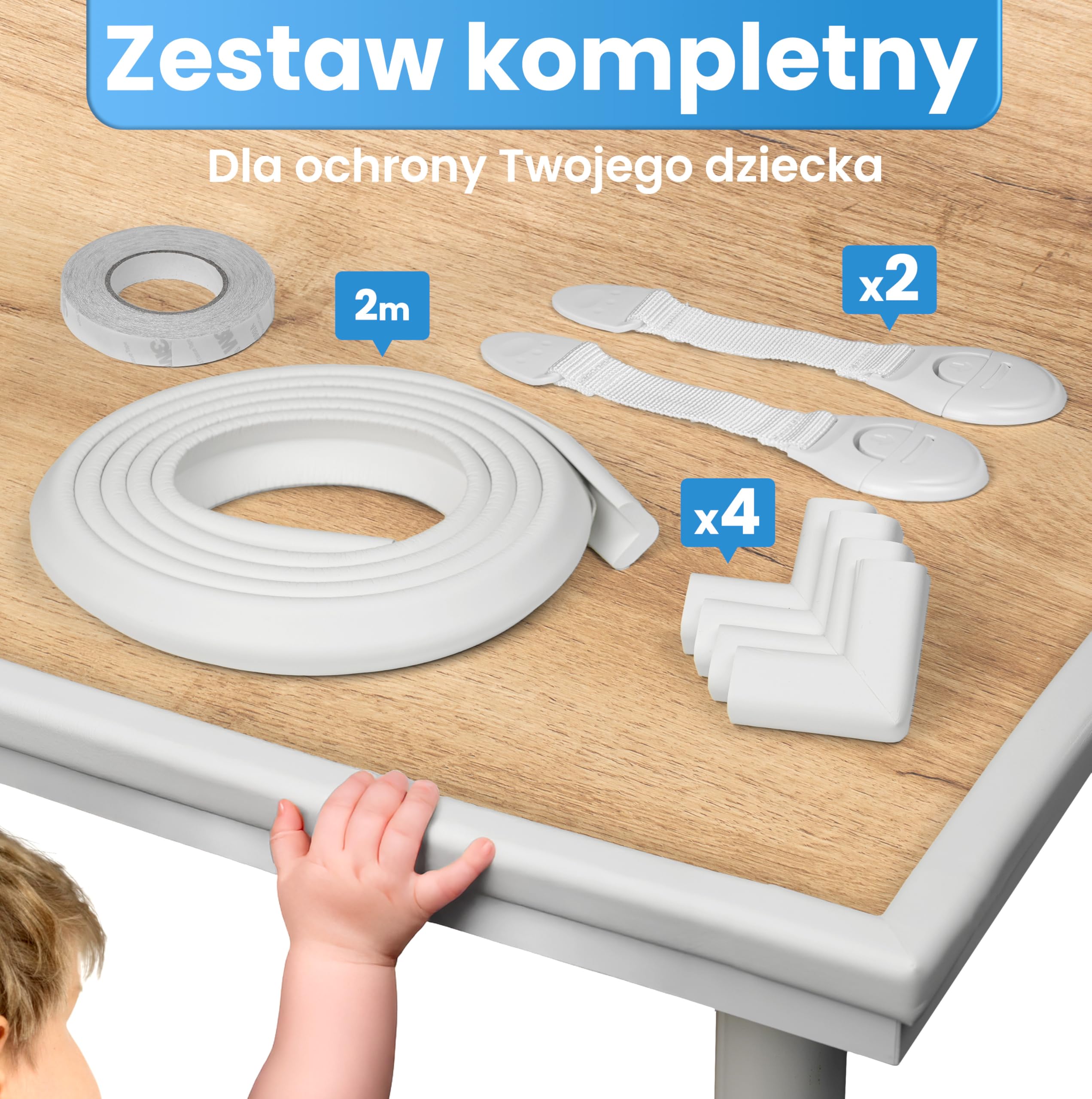 HAPPY CHLEA® Zestaw ochraniaczy narożników dla dzieci 2m + 4 narożniki + 2 blokady szuflad, Ochraniacze z pianki, Zabezpieczenia mebli, stołu, ścian, Bezpieczne, certyfikowane, samoprzylepne, Biały