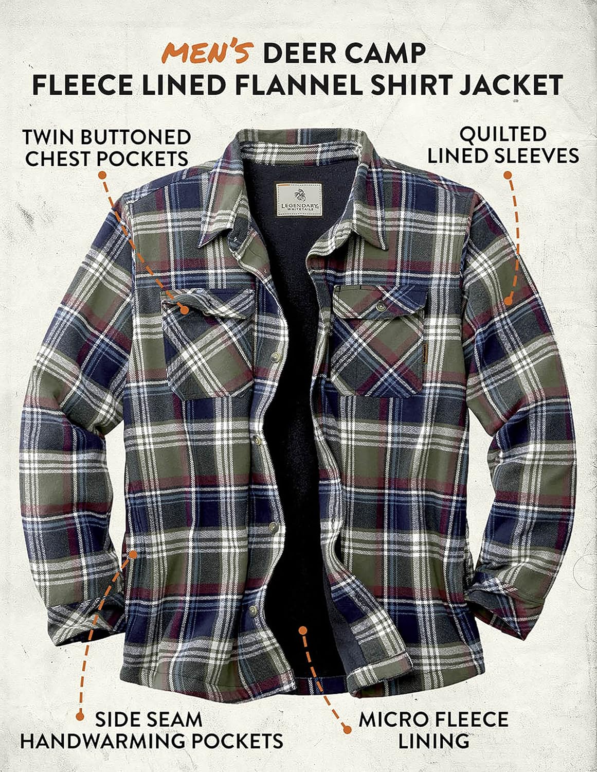 Legendary Whitetails Men's Deer Camp Berber Lined Flannel Shirt Jacket - Image 4