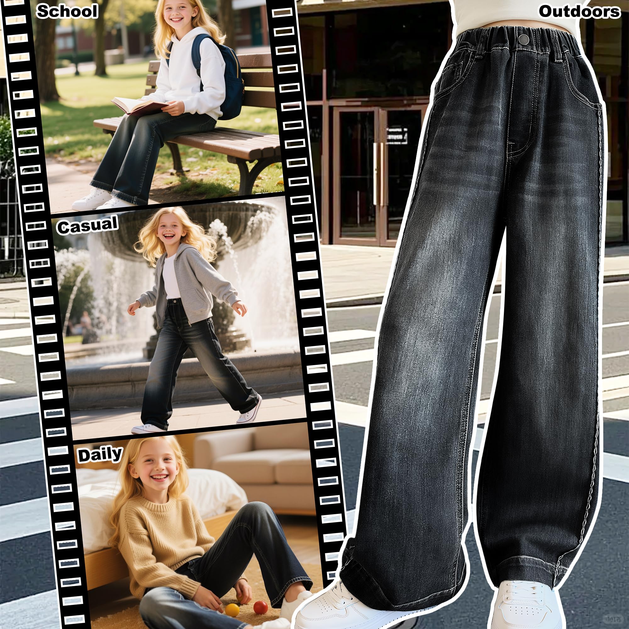 Jeans pour Filles Baggy Denim Pantalon Long avec Haute Taille Élastique, Loose Fit Doux Mode Casual Polyvalent Enfants Vetement Décontracté Ado Streetwear pour 7-14 Ans