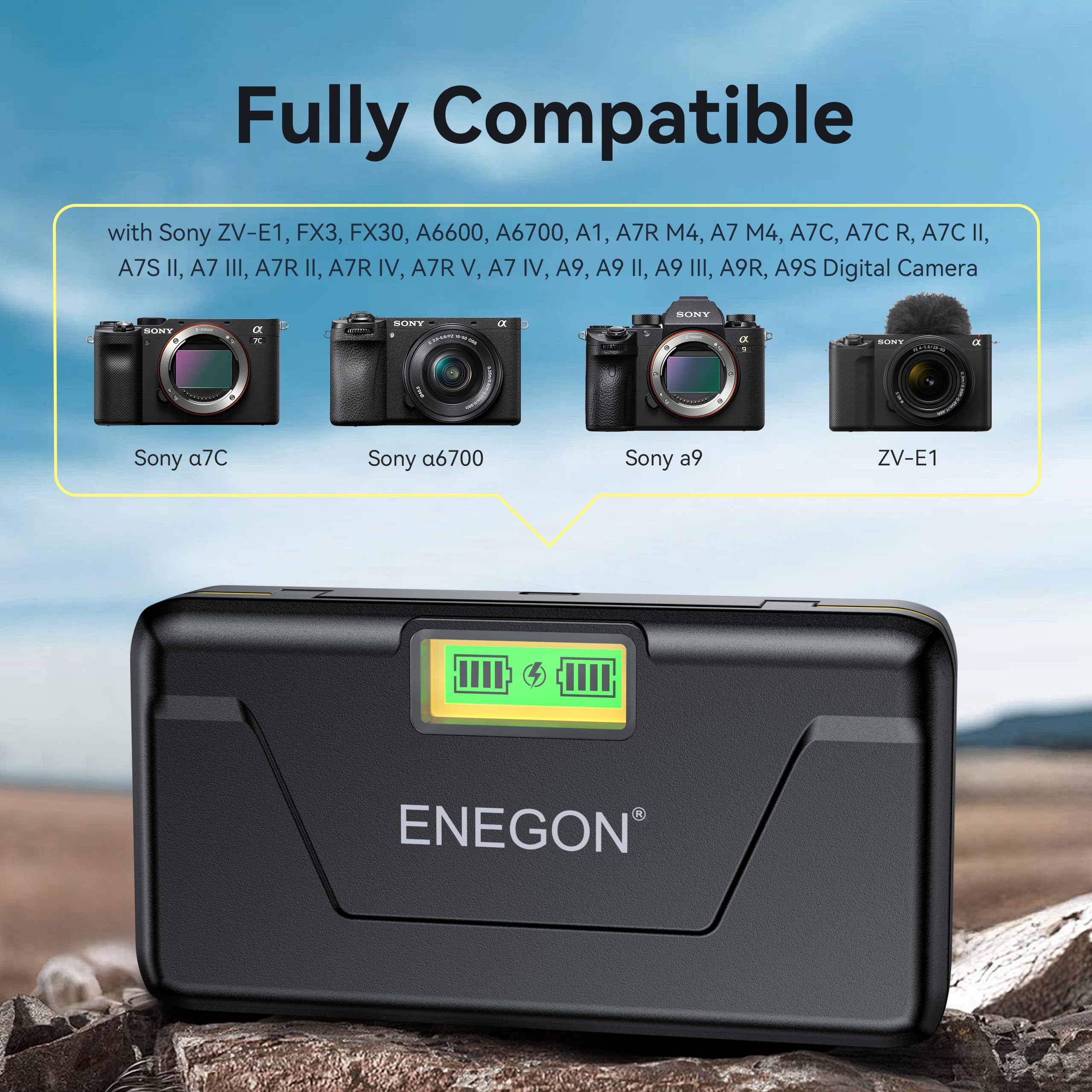 ENEGON NP-FZ100 - Caricatore rapido a doppia batteria, compatibile con Sony Alpha 7 IV, Alpha 7 III, A7R M4, A7 M4, A7C, A7R IV, A7R V, A9, A9S, A6700, A6600, FX3, FX30, display LCD
