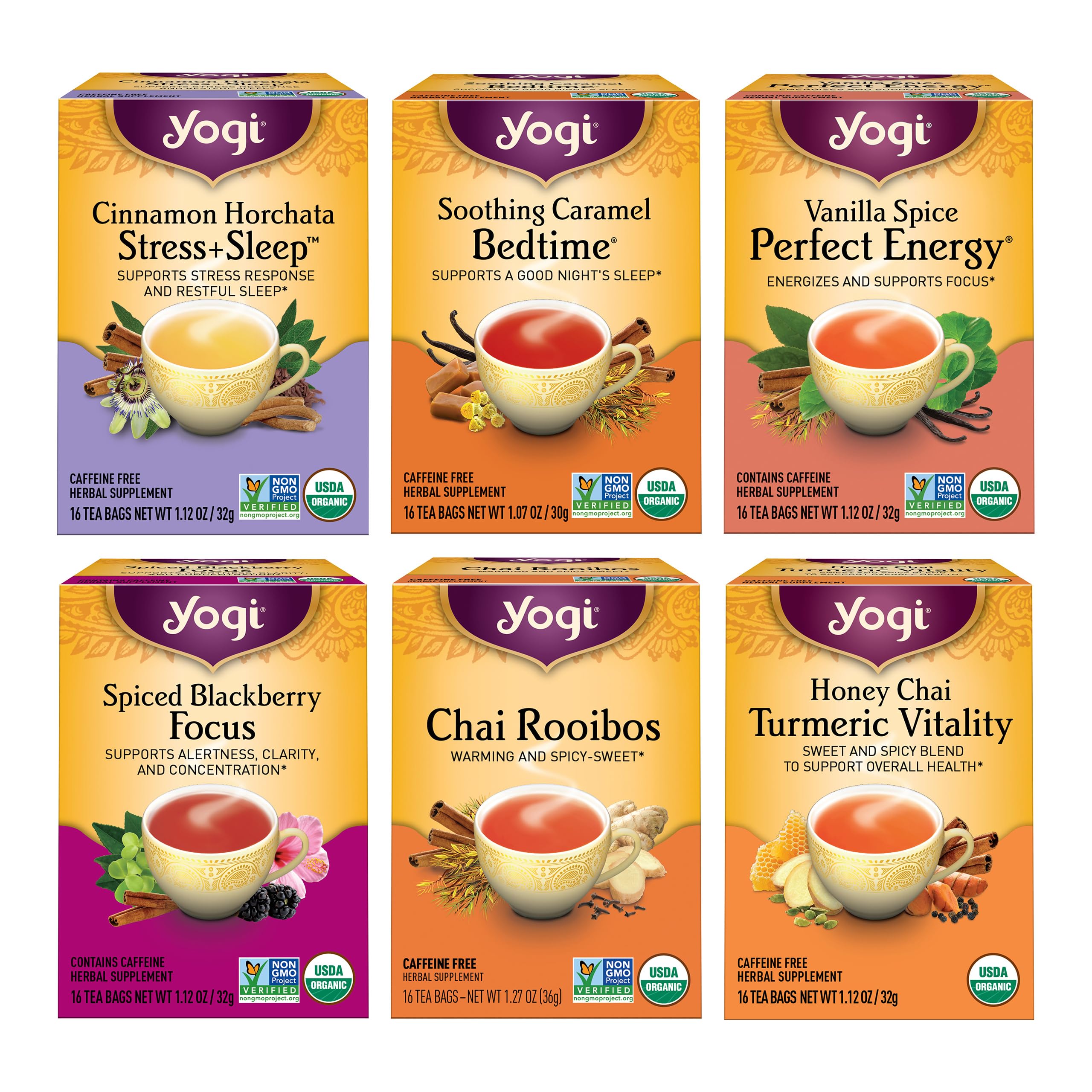 Yogi Tea - Fall Favorites Sampler Variety Pack - 16 Tea Bags Per Pack (6 Pack) - Assorted Tea Set - Caffeinated and Caffeine Free - Includes Cinnamon,