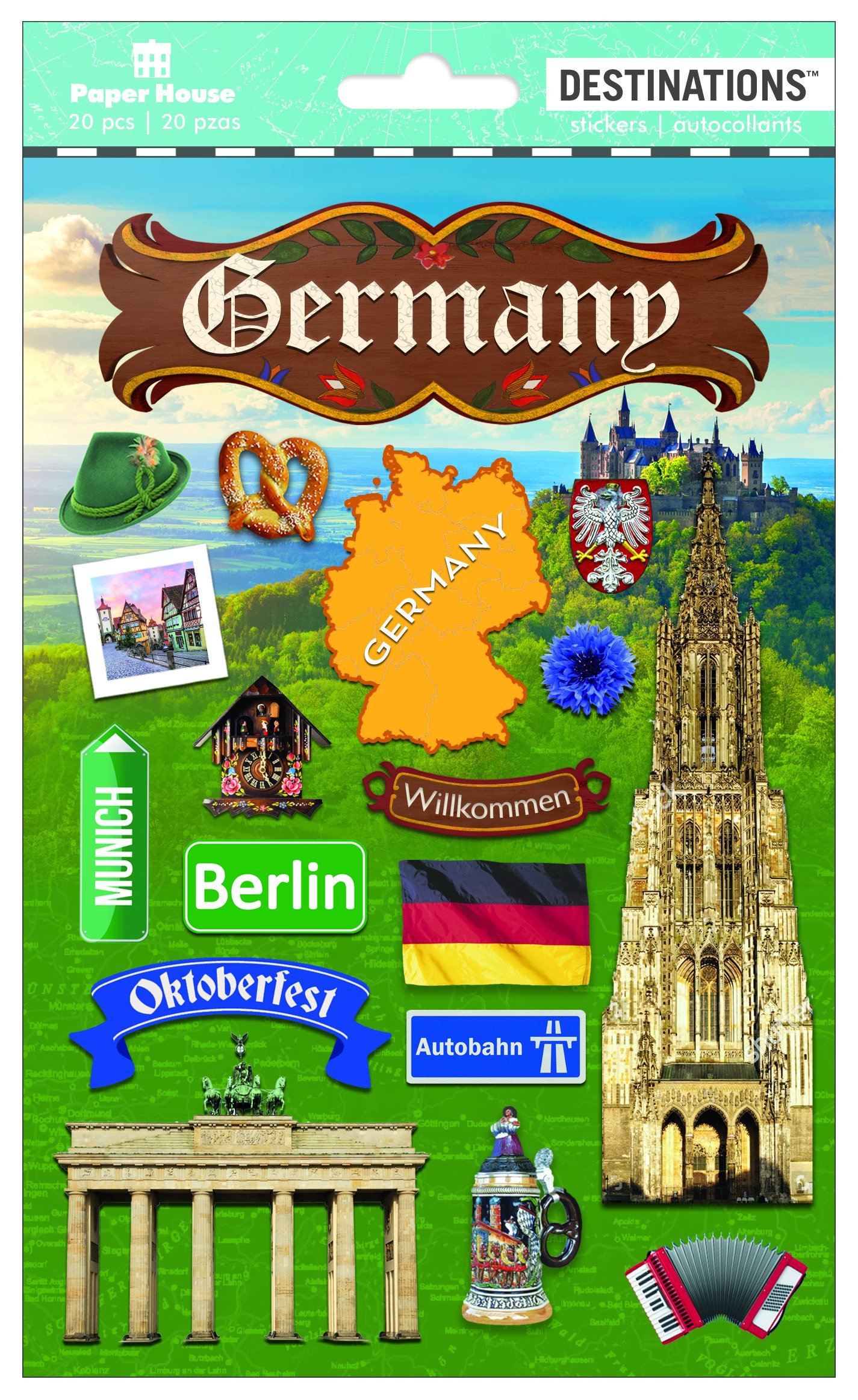 Stickers Allemagne 2D Paper House Productions voyage, lot de 3 planches pour scrapbooking
