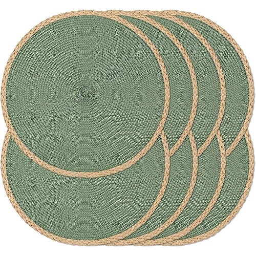 Noctiflorous Round Placemats Set of 8, 15 Inch Braided Hand Woven Table Mats, Heat Resistant Non-Slip Wipeable Thin Edge Place Mats for Kitchen Dining Indoor Outdoor Use(Green, 8)