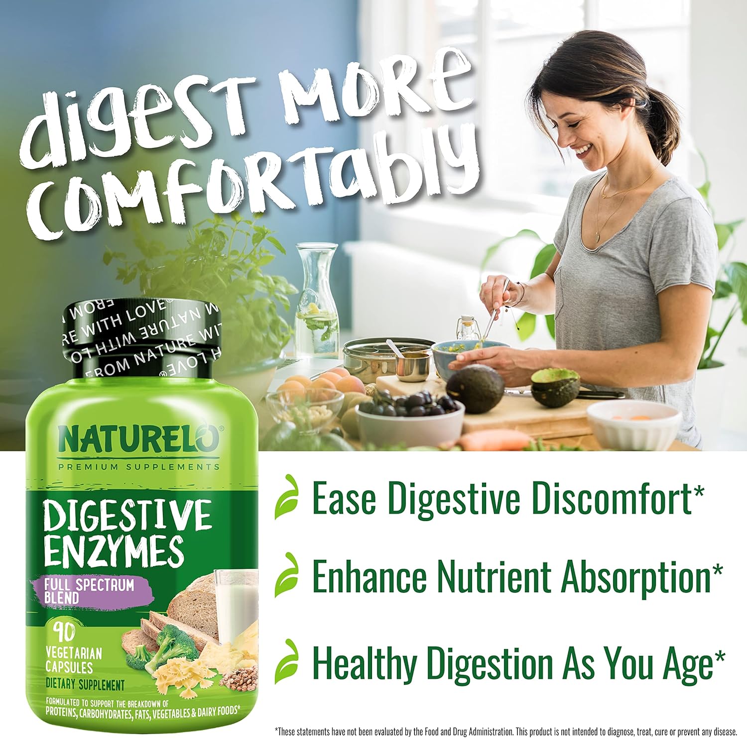 NATURELO Digestive Enzymes - Full Spectrum Support with a Broad Blend of 15 Enzymes Plus Ginger - 90 Vegan Capsules (Pack of 2)
