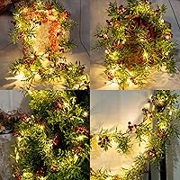 Vista 3 de Guirnalda de luces artificiales de Navidad de 5.9 pies con 162 bayas rojas nevadas, 55 hojas verdes, 20 luces LED, funciona