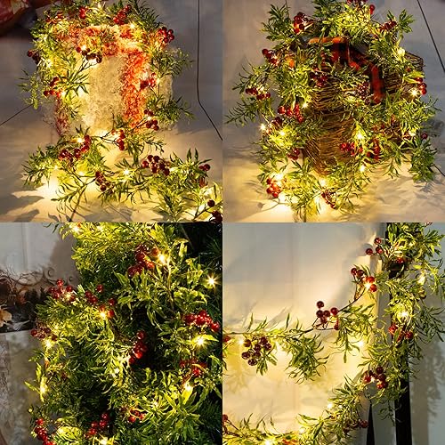 Miniatura 3 de Guirnalda de luces artificiales de Navidad de 5.9 pies con 162 bayas rojas nevadas, 55 hojas verdes, 20 luces LED, funciona con pilas para