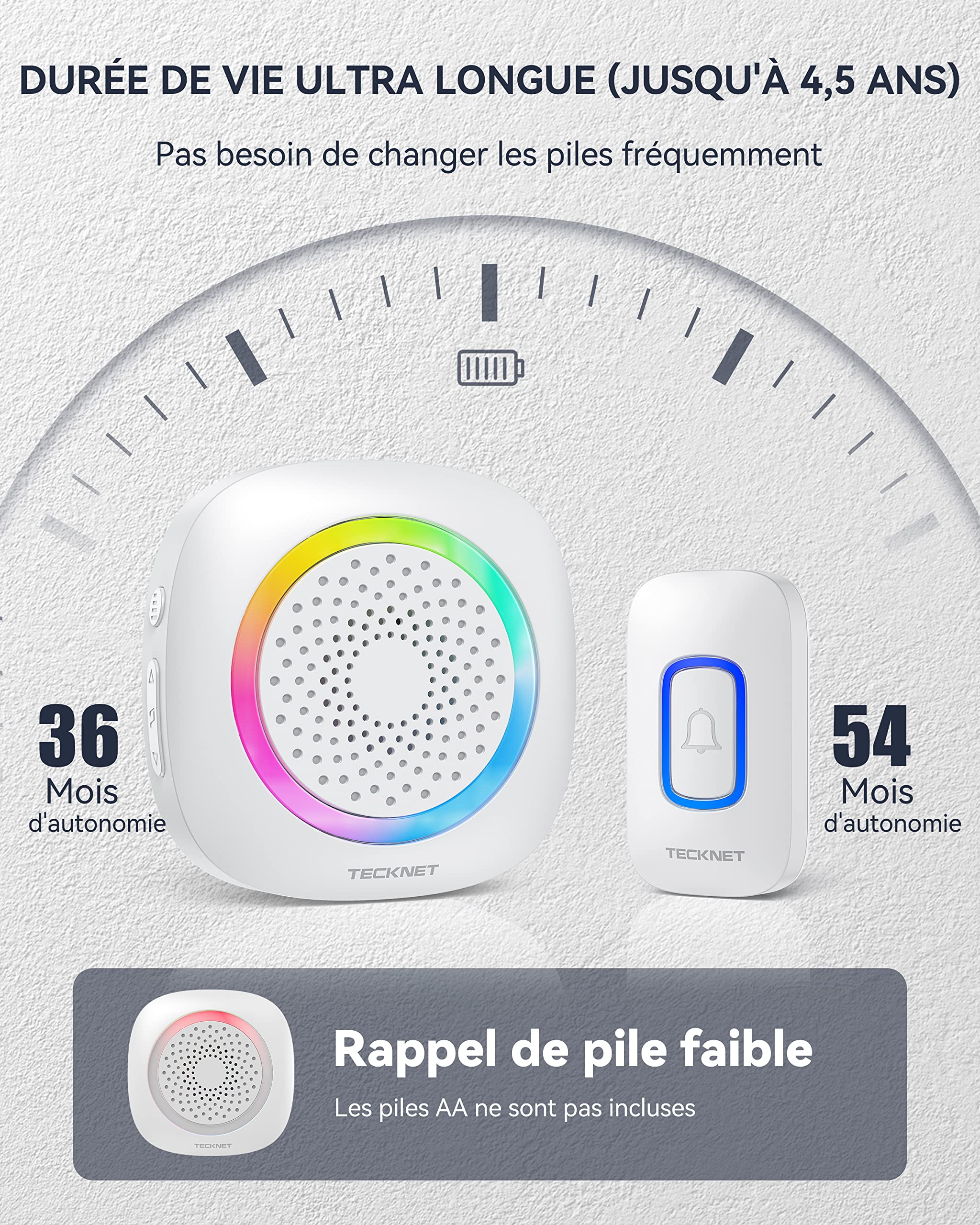 TECKNET Sonnette sans Fil à Piles Exterieur Étanche IP66 RVB Batterie Amovible Portée 400M Two Récepteur, 60 Mélodies et 5 Niveaux, pour Maison, Hôtel, Bureaux, Urgence