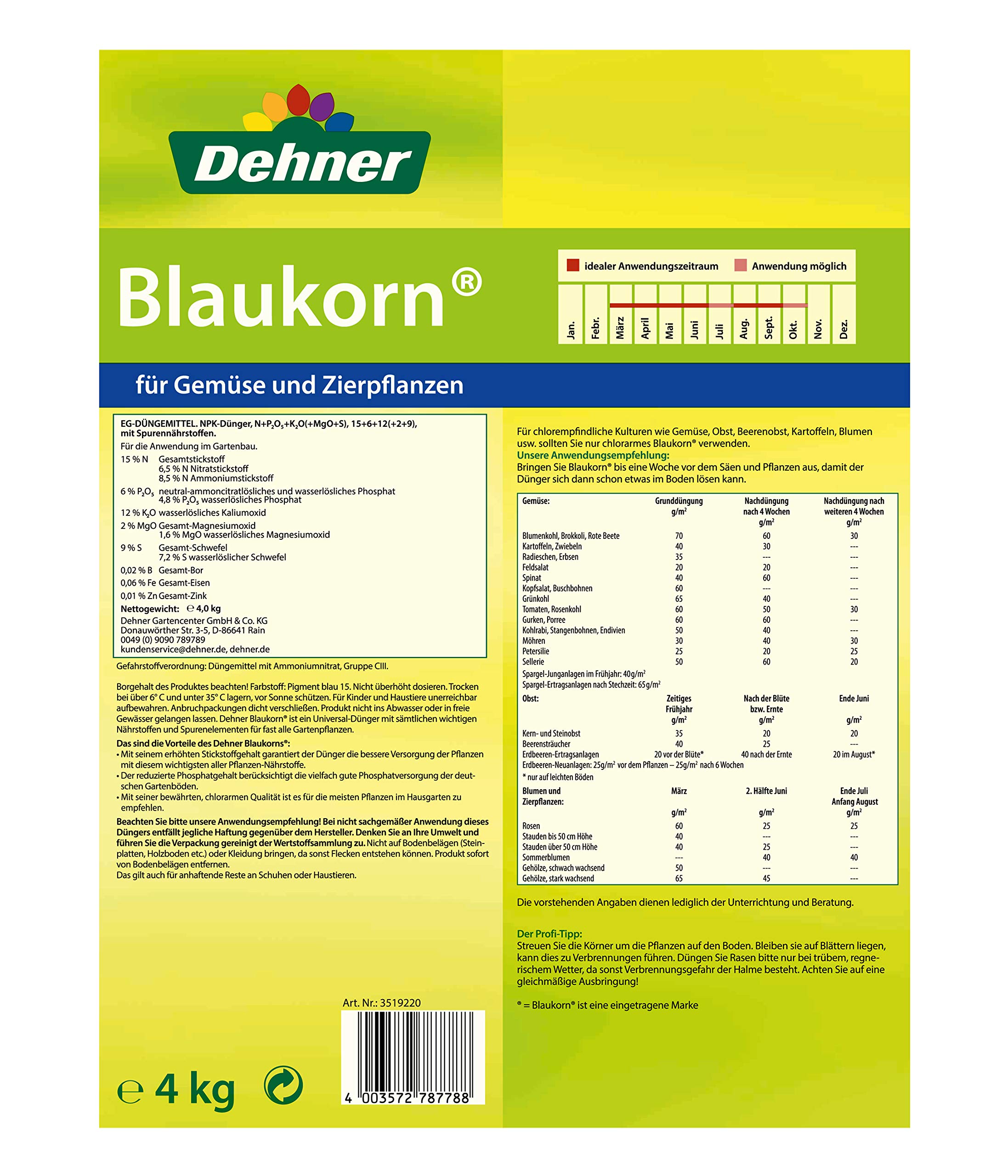 Dehner Blaukorn, chloridarm, 4 kg, fr ca. 40 qm : Amazon.de: Garten