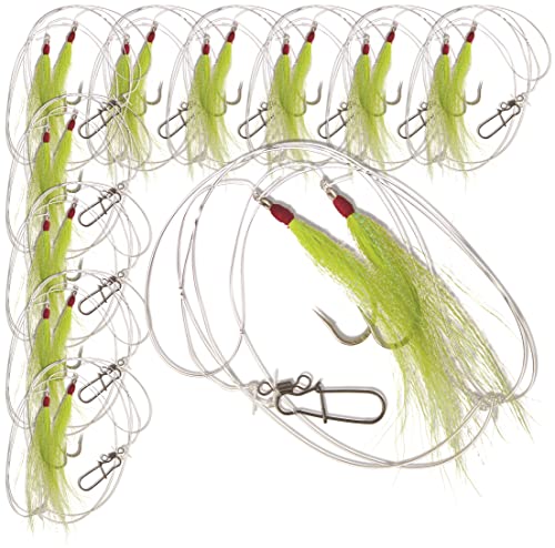 10 Pack - Chartreuse Fluke & Flounder BUCKTAIL Teaser Hooks - Ocean Hi-Lo Rig Designed for for Saltwater Size 5/0 Hook 40lb Heavy Duty Mono 3ft Long -Black Duo-Lock Snaps-Hand Tied