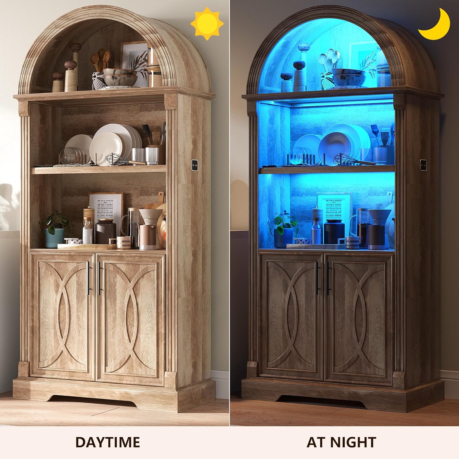 Vlsrka 71" Tall Arched Kitchen Pantry Cabinets, Wood Kitchen Storage Cabinets/Arched Bookshelf/Bookcase,China Cabinet with Open & Adjustable Shelves, Induction LED Light (Brown)