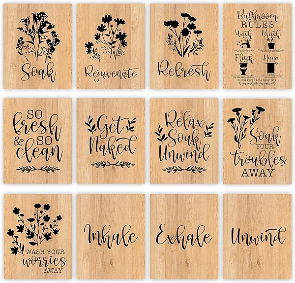 Hadley Designs 6 Reversible Rustic Farmhouse Wall Art 8x10-Relax Signs & Rules For Bathroom, Inhale Exhale Wall Art, Wash Your Worries Away Bathroom Sign
