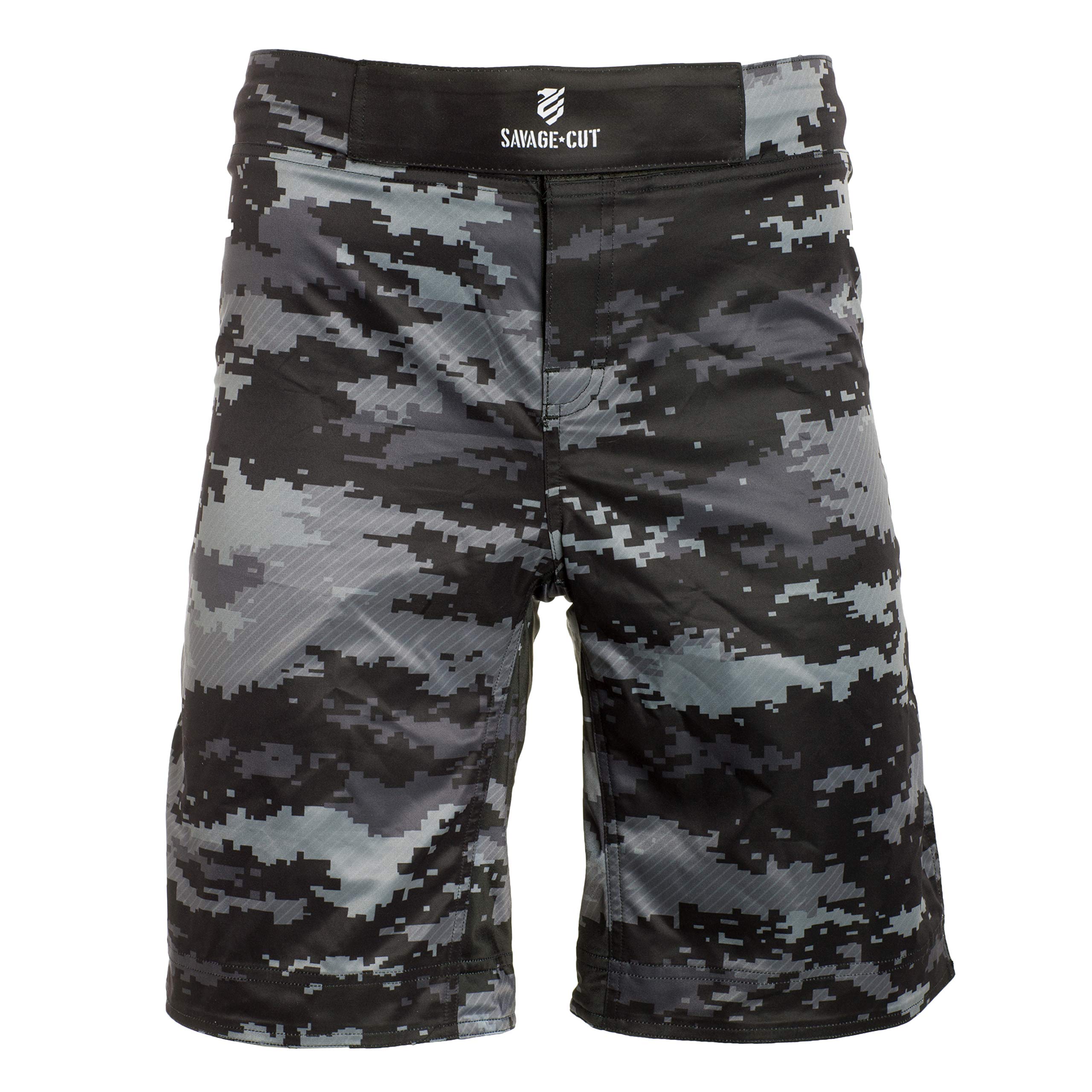 Savage Cut Fight Style MMA Workout Shorts for Use in BBJ, Boxing, MMA, Muay Thai, Krav MAGA (Camo, X-Large)