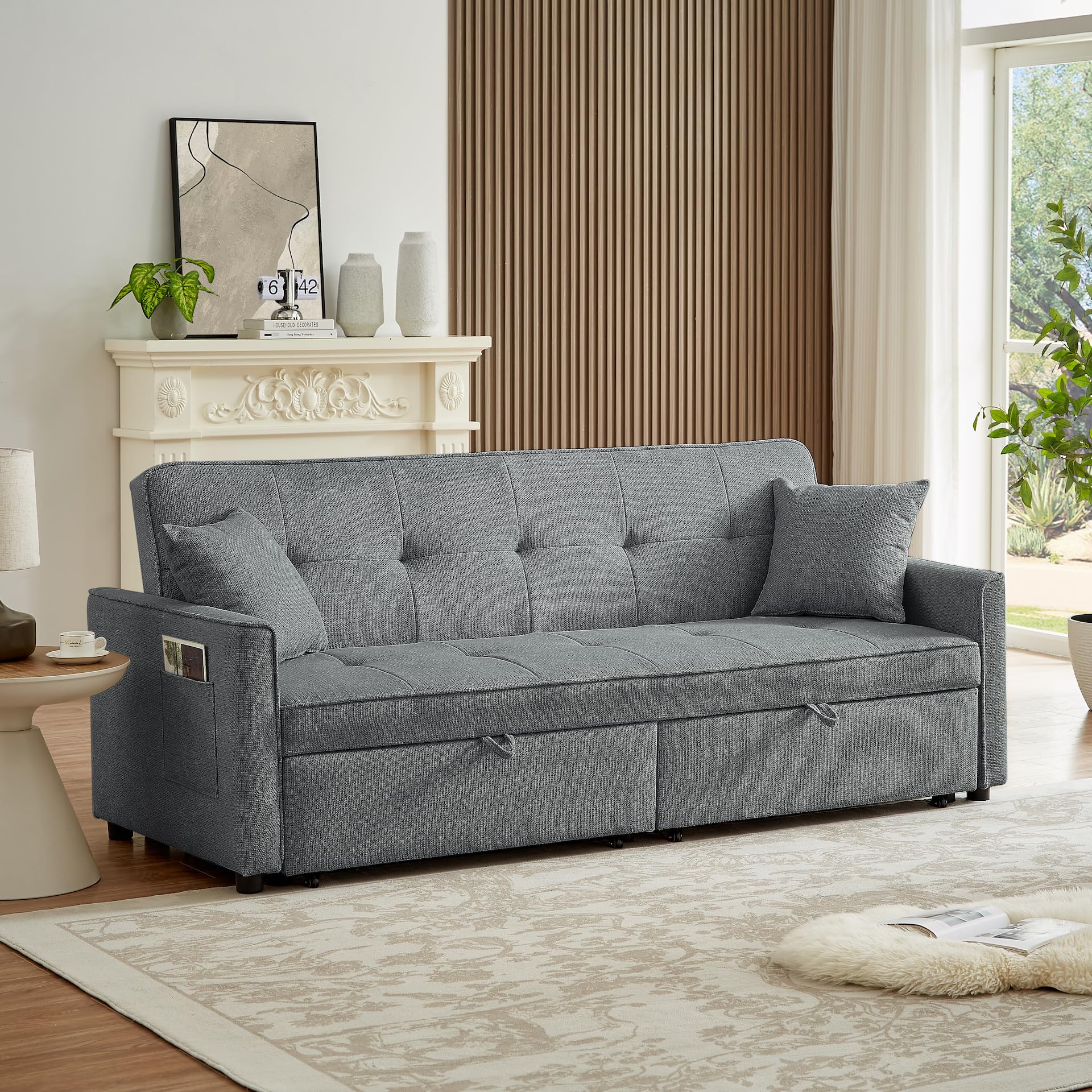 Terra Sofas GREY 3 SEATER SOFA BED CONTEMPORARY DESIGN, PREMIUM QUALITY, RECLINING, PULL OUT SOFA BED, QUILTED BACK AND SEATS, WITH CUHIONS