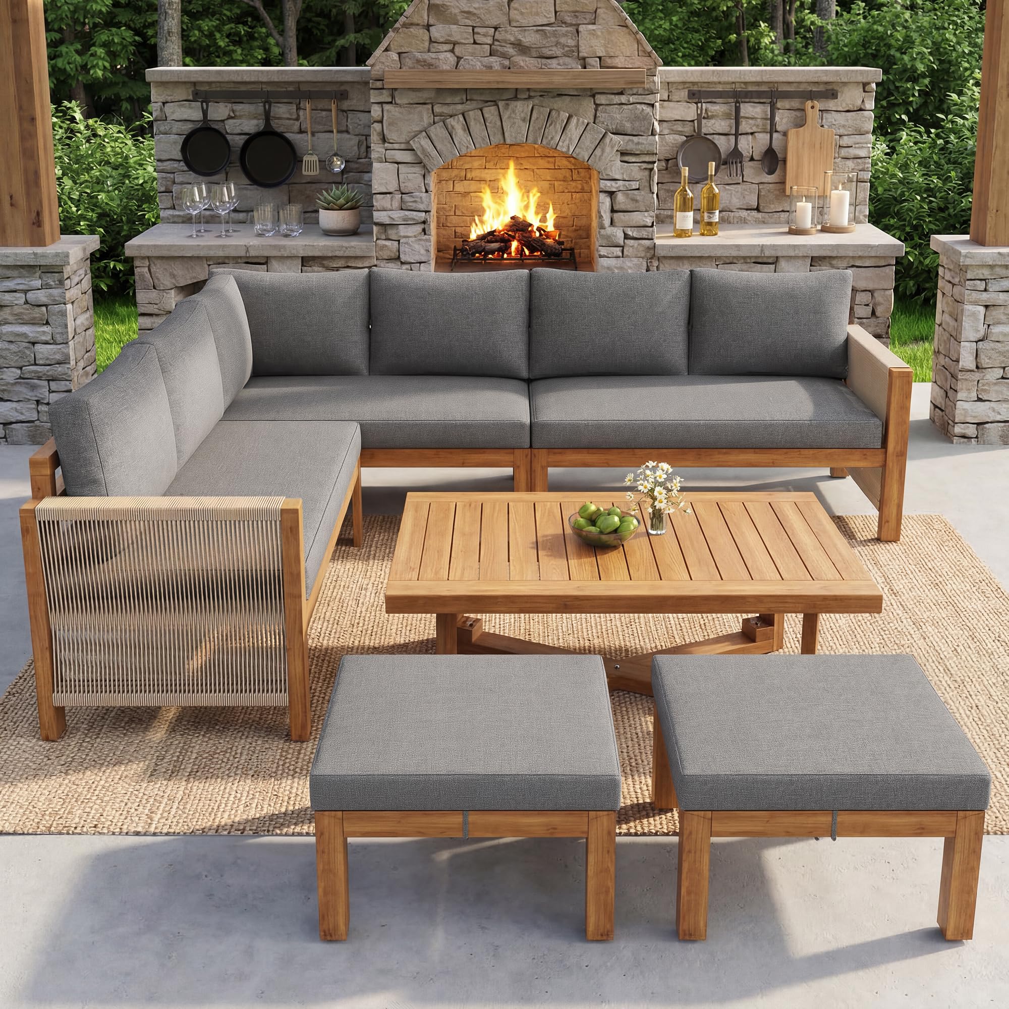 Gartenmöbel Set Lounge L-Form Für 8 Personen – Modulares Sofa Mit Tisch, Wetterfest, Polster 8 Cm
