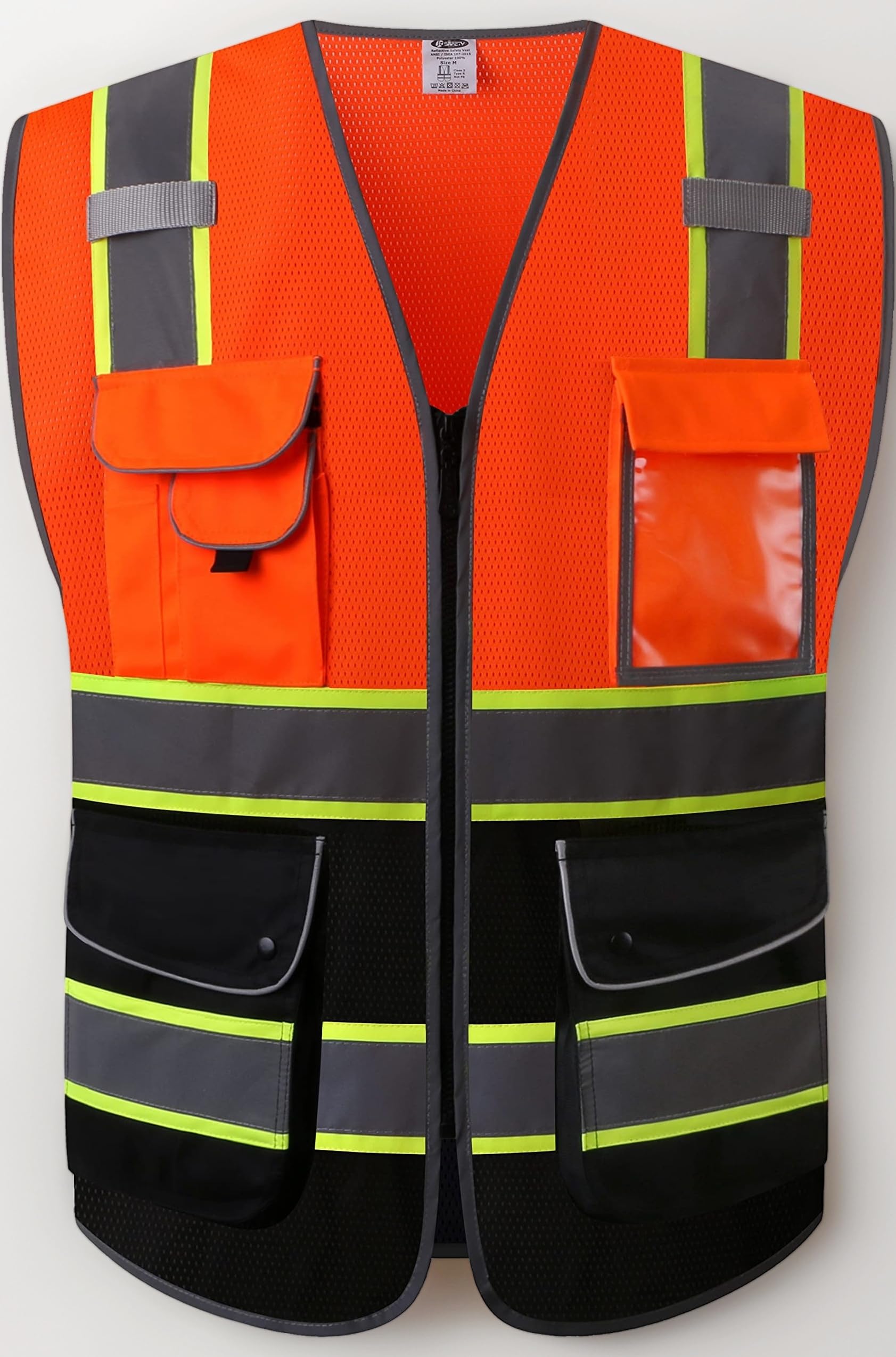 JKSafety 9 Pockets Class 2 High Visibility Zipper Front Safety Vest With Reflective Strips,Meets ANSI/ISEA Standards